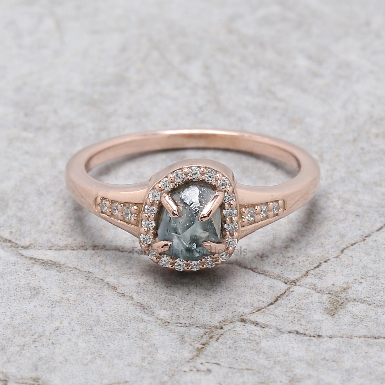 Rough Blue Color Diamond Ring 1.12 Ct 6.12 MM Crystal Rough Diamond Ring 14K Solid Rose Gold Silver Engagement Ring Gift For Her QL2319