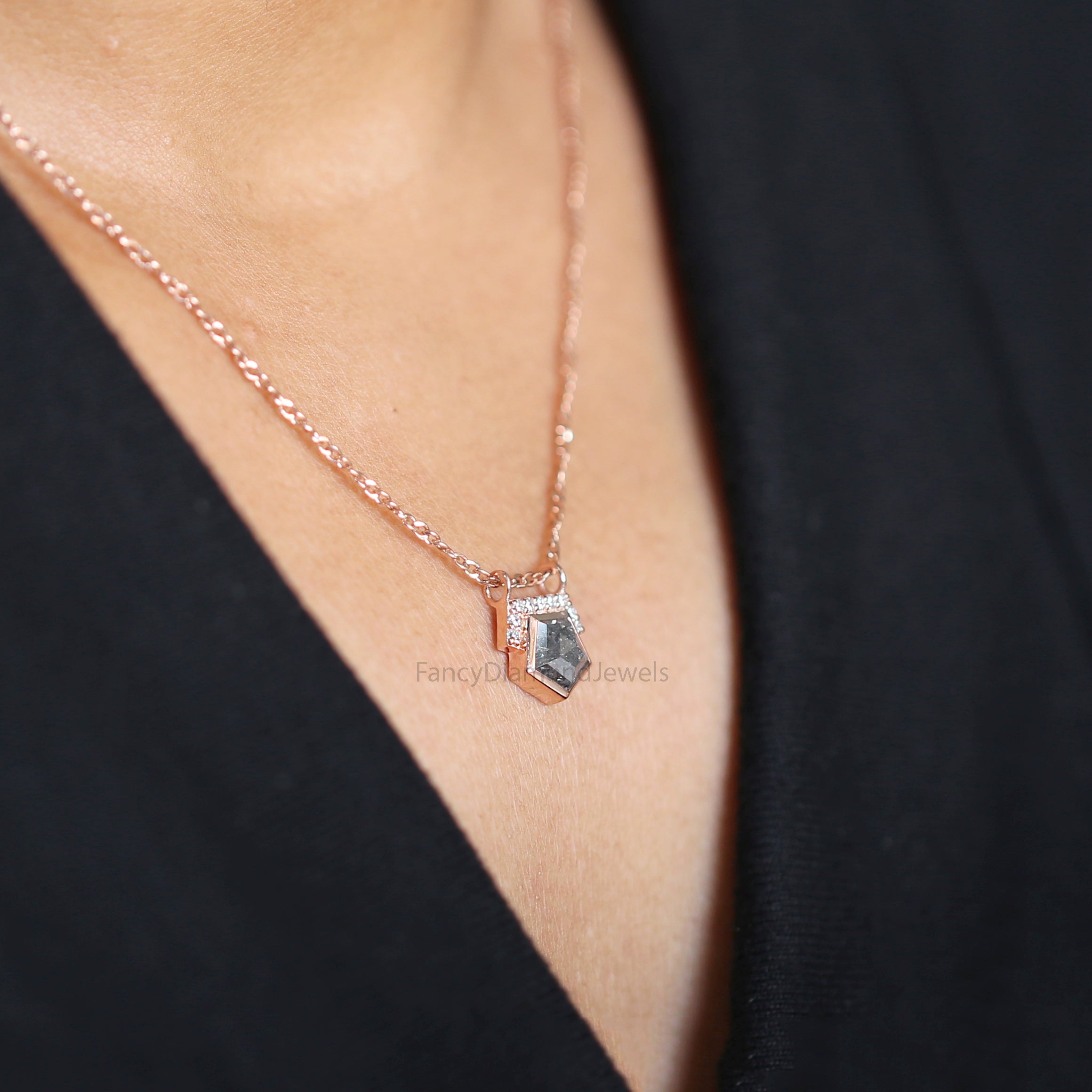 Pentagon Cut Salt And Pepper Diamond Pendant 1.31 Ct 6.75 MM Pentagon Shape Diamond Pendant 14K Rose Gold Silver Engagement Pendant QN521