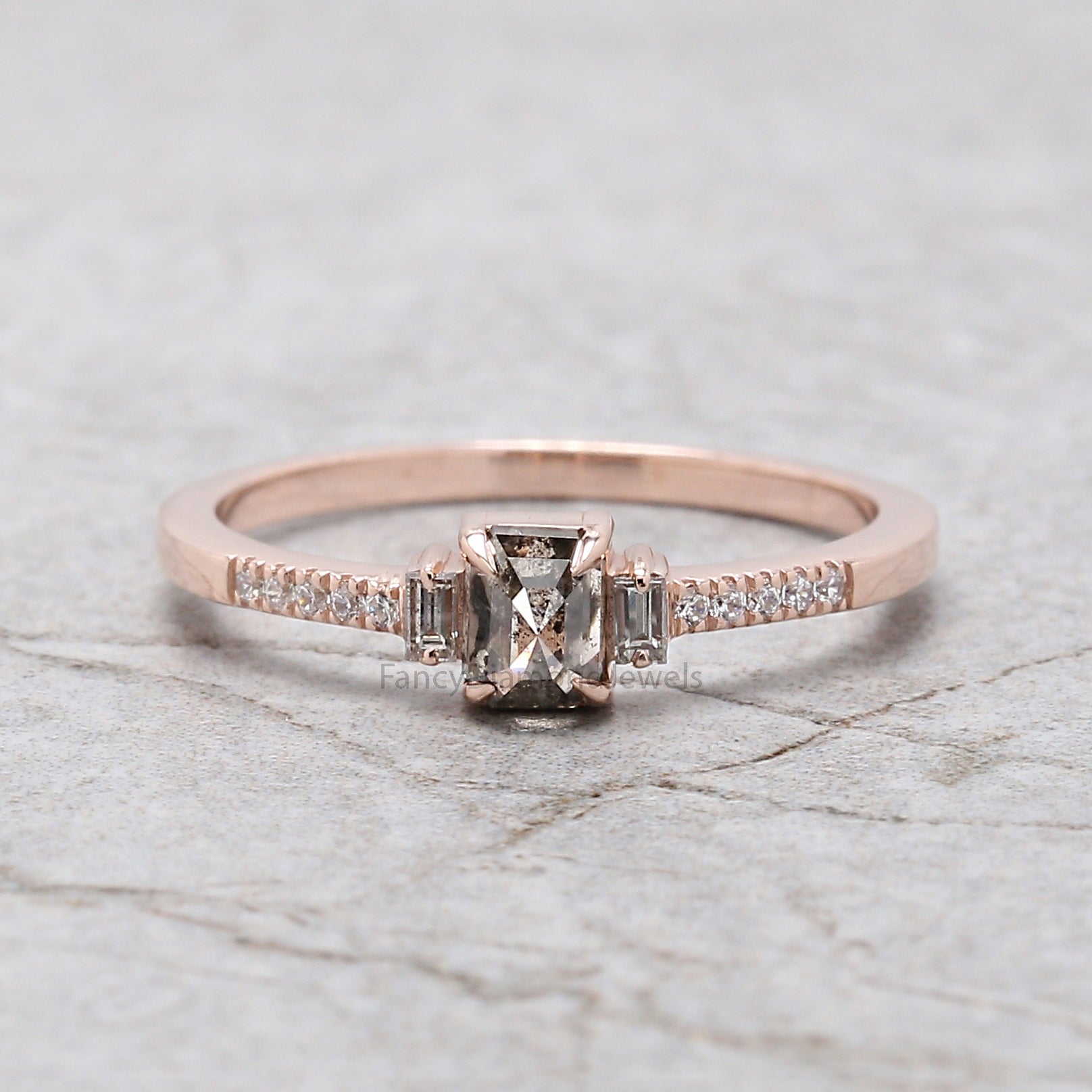 Emerald Cut Salt And Pepper Diamond Ring 0.39 Ct 4.55 MM Emerald Diamond Ring 14K Solid Rose Gold Silver Engagement Ring Gift For Her QL239