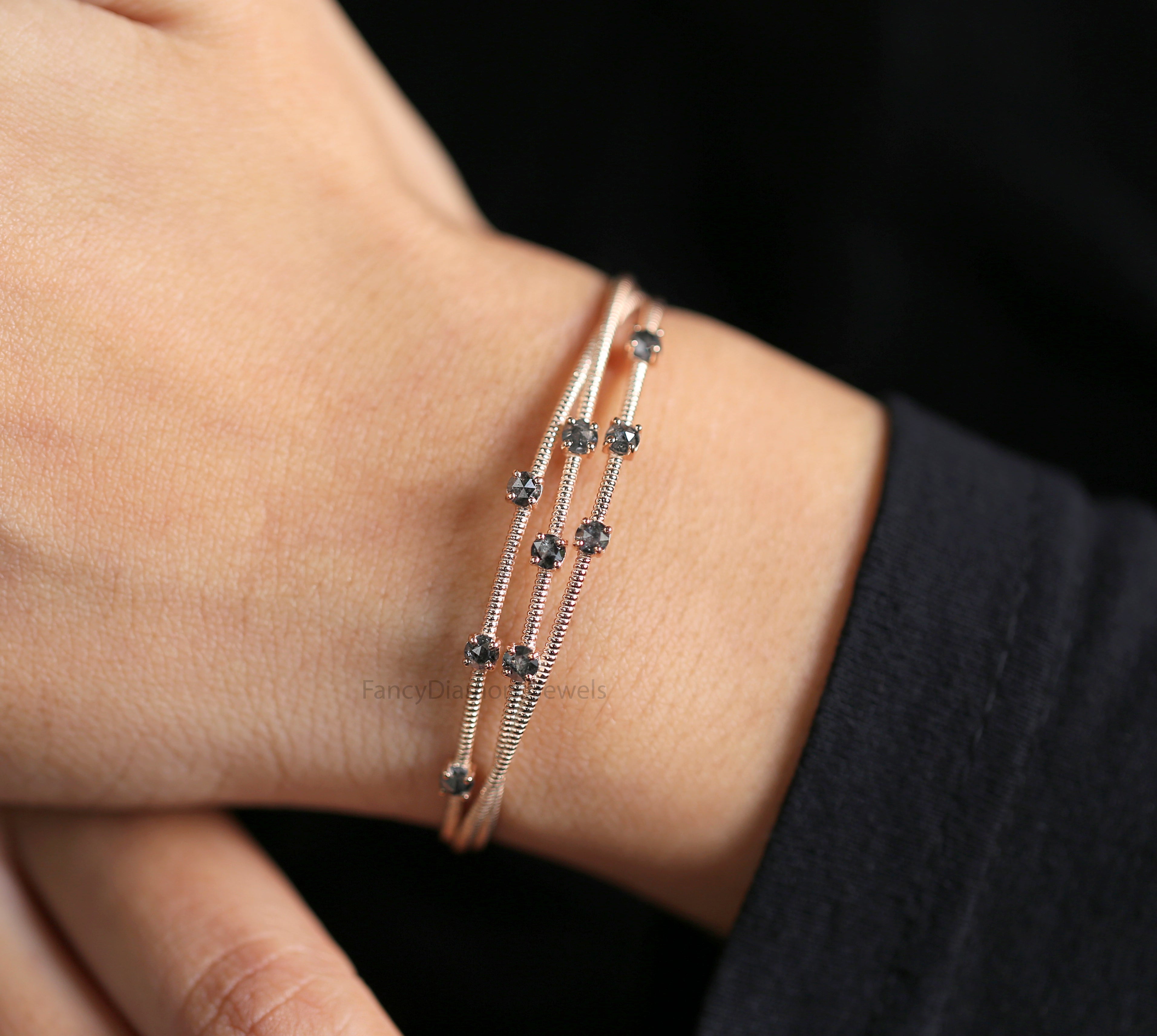 Rose Cut Salt And Pepper Diamond Bracelet, Round Shape Diamond Anniversary Gift Bracelet, Gold Bracelet, Round Cut Diamond Bracelet KDK2670