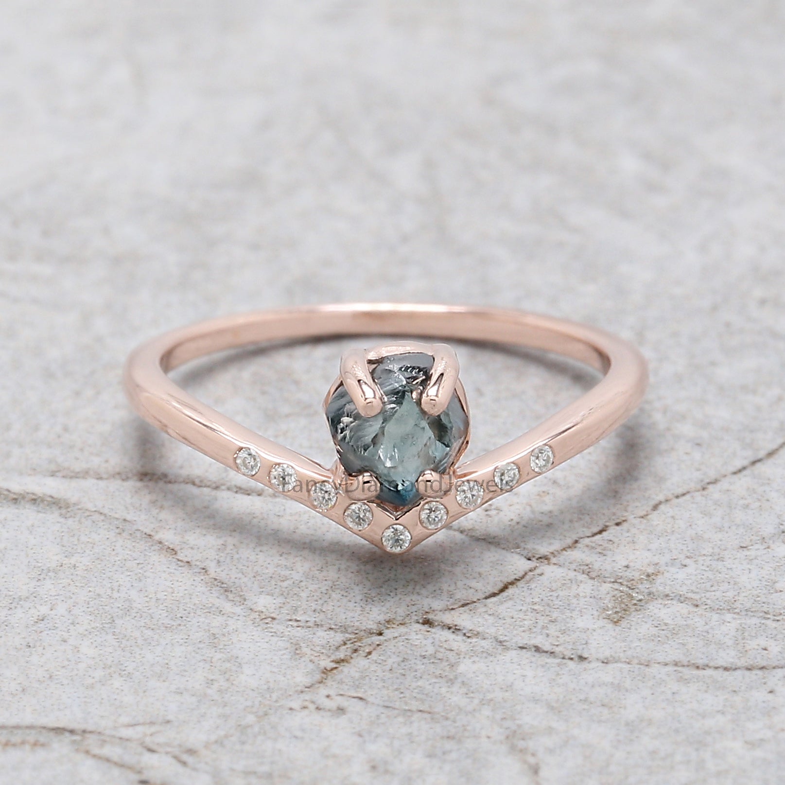 0.97 Ct Natural Rough Cut Blue Color Diamond Ring 5.65 MM Crystal Rough Diamond Ring 14K Solid Rose Gold Silver Engagement Ring QL2347