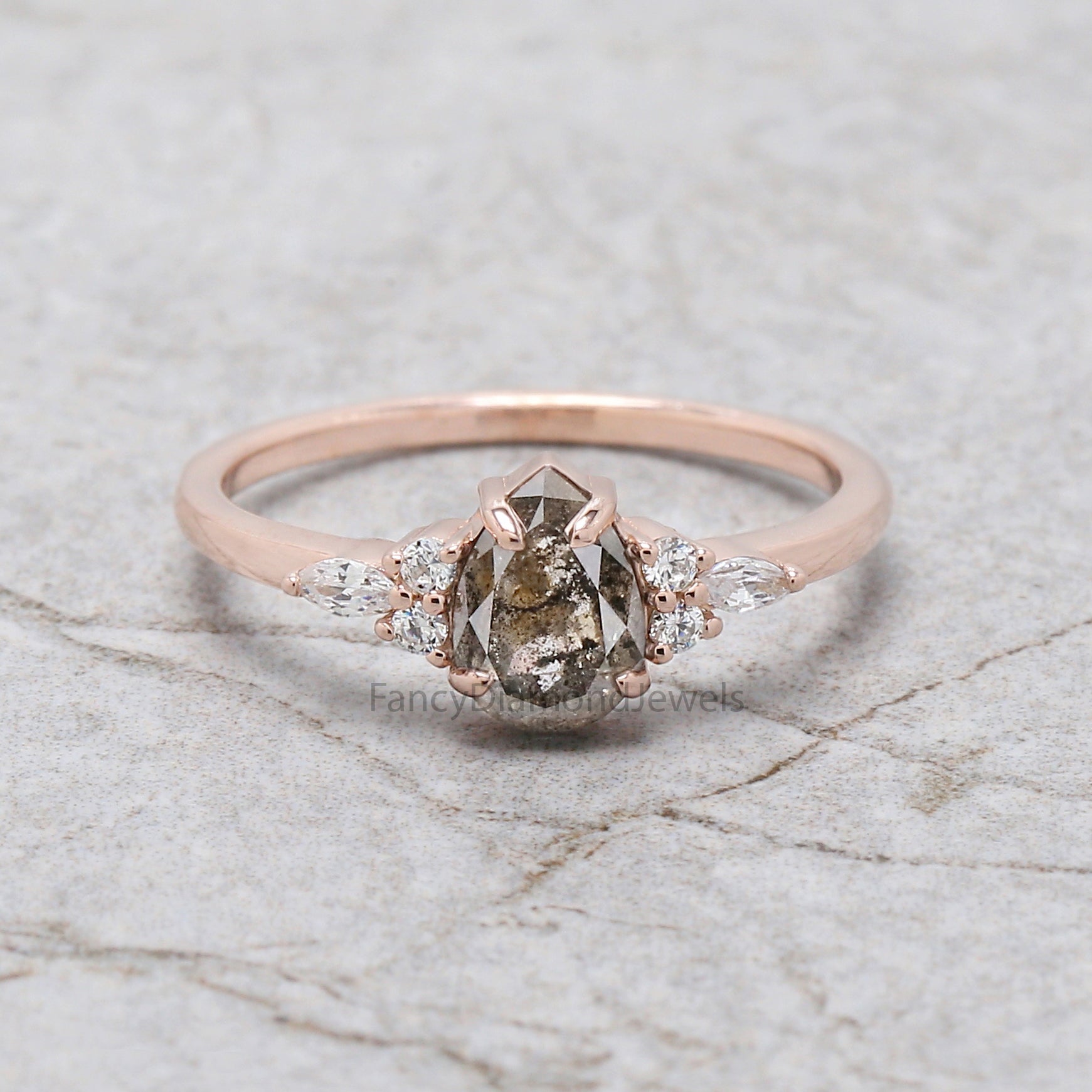 Pear Cut Salt And Pepper Diamond Ring 0.85 Ct 7.06 MM Pear Diamond Ring 14K Solid Rose Gold Silver Pear Engagement Ring Gift For Her QL2866