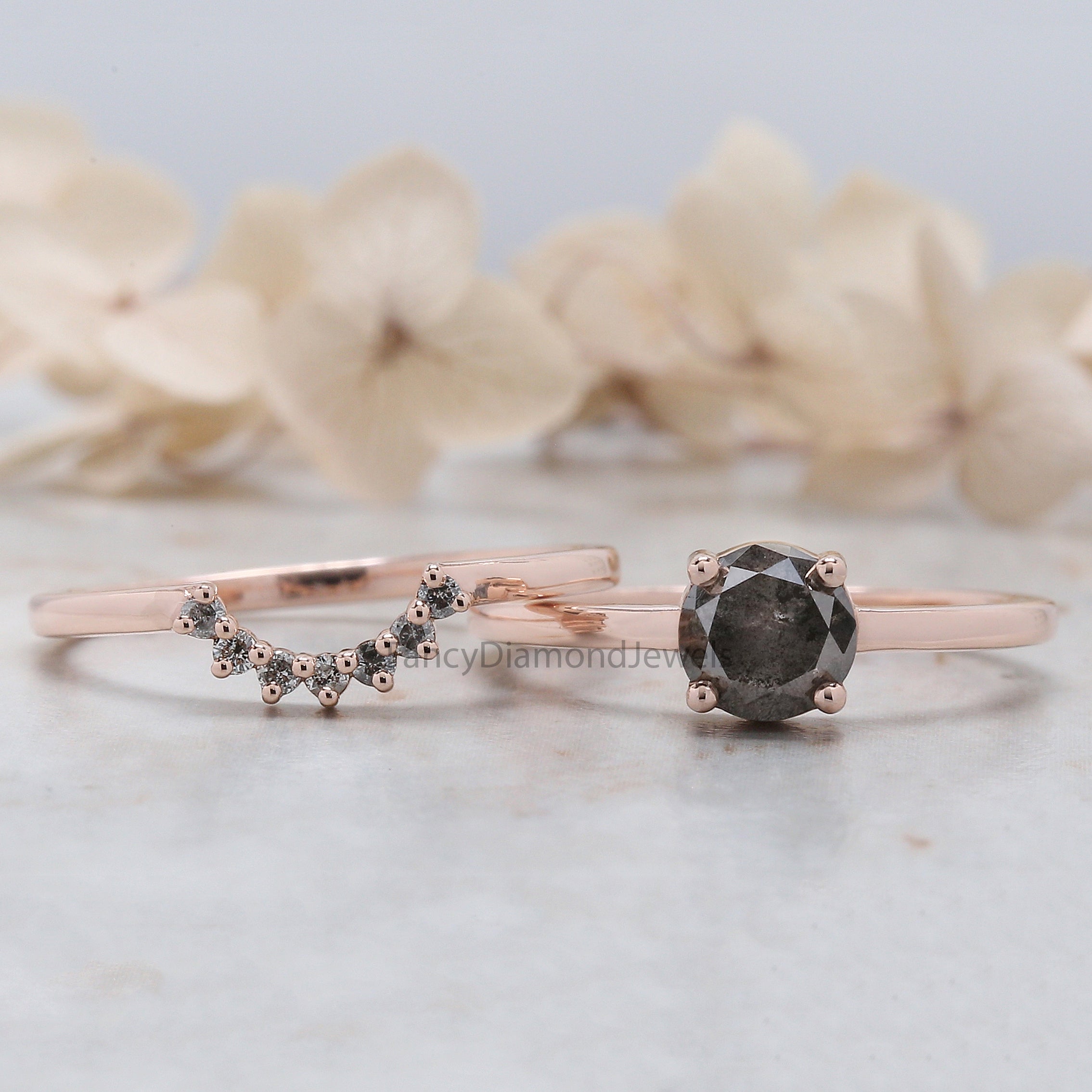 Round Cut Salt And Pepper Diamond Ring 0.87 Ct 5.80 MM Round Diamond Ring 14K Solid Rose Gold Silver Engagement Ring Gift For Her QN9369