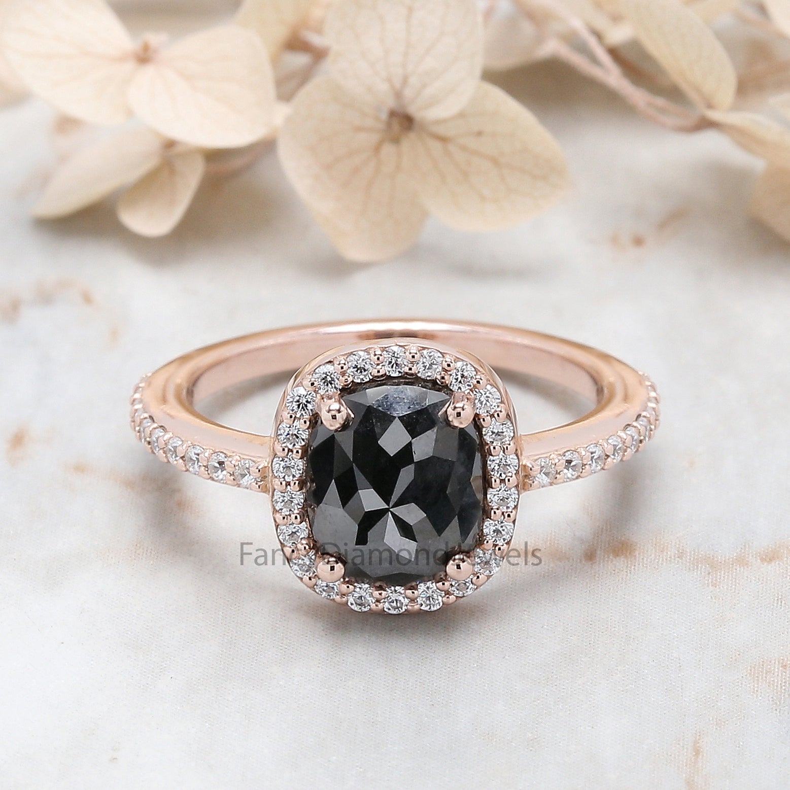 Cushion Shape Black Color Diamond Ring 2.21 Ct 8.30 MM Cushion Diamond Ring 14K Solid Rose Gold Silver Engagement Ring Gift For Her QL3068