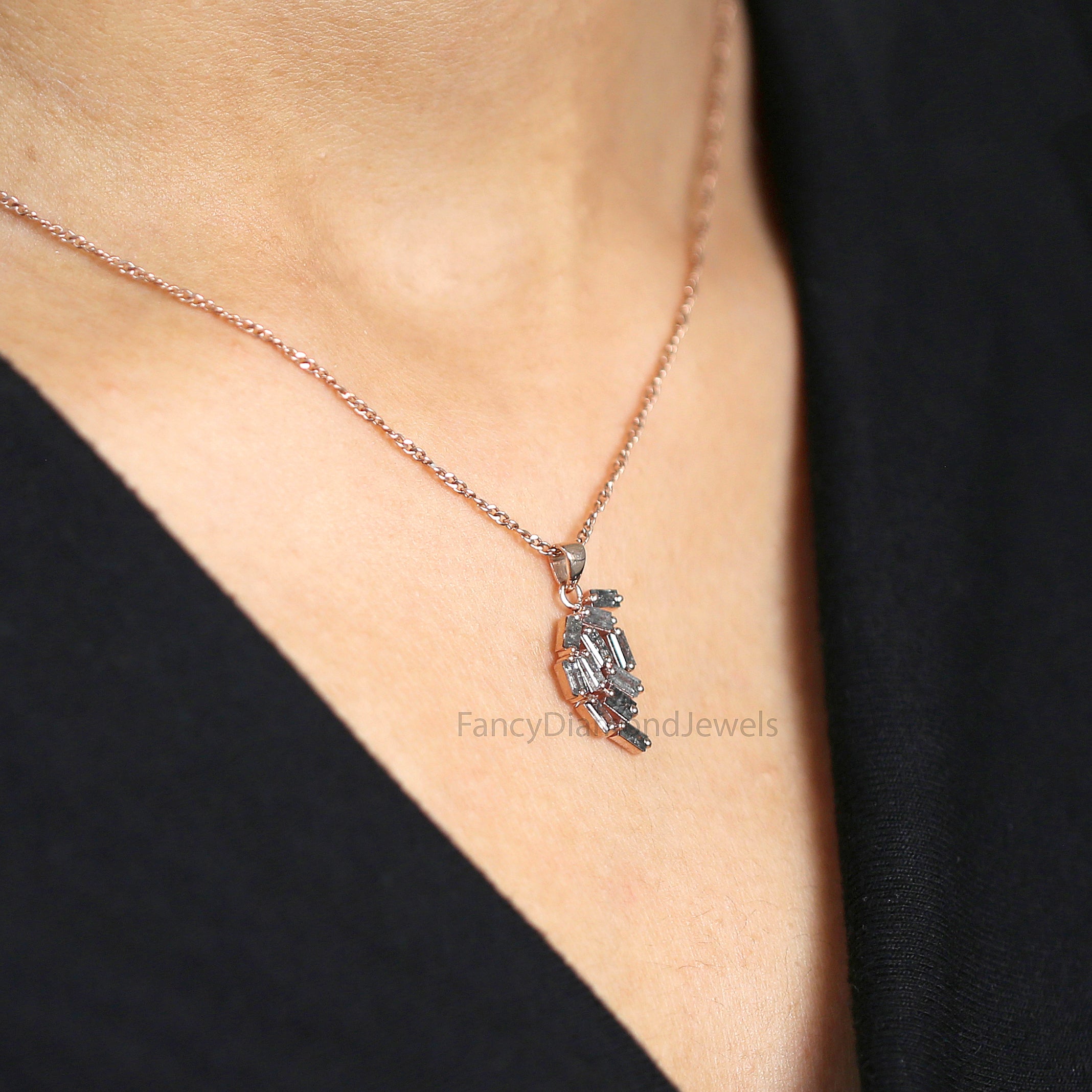 Baguette Salt And Pepper Diamond Pendant, Unique Diamond Pendant, Salt And Pepper Diamond Pendant, Baguette Shape Diamond Pendant KDN1803-1