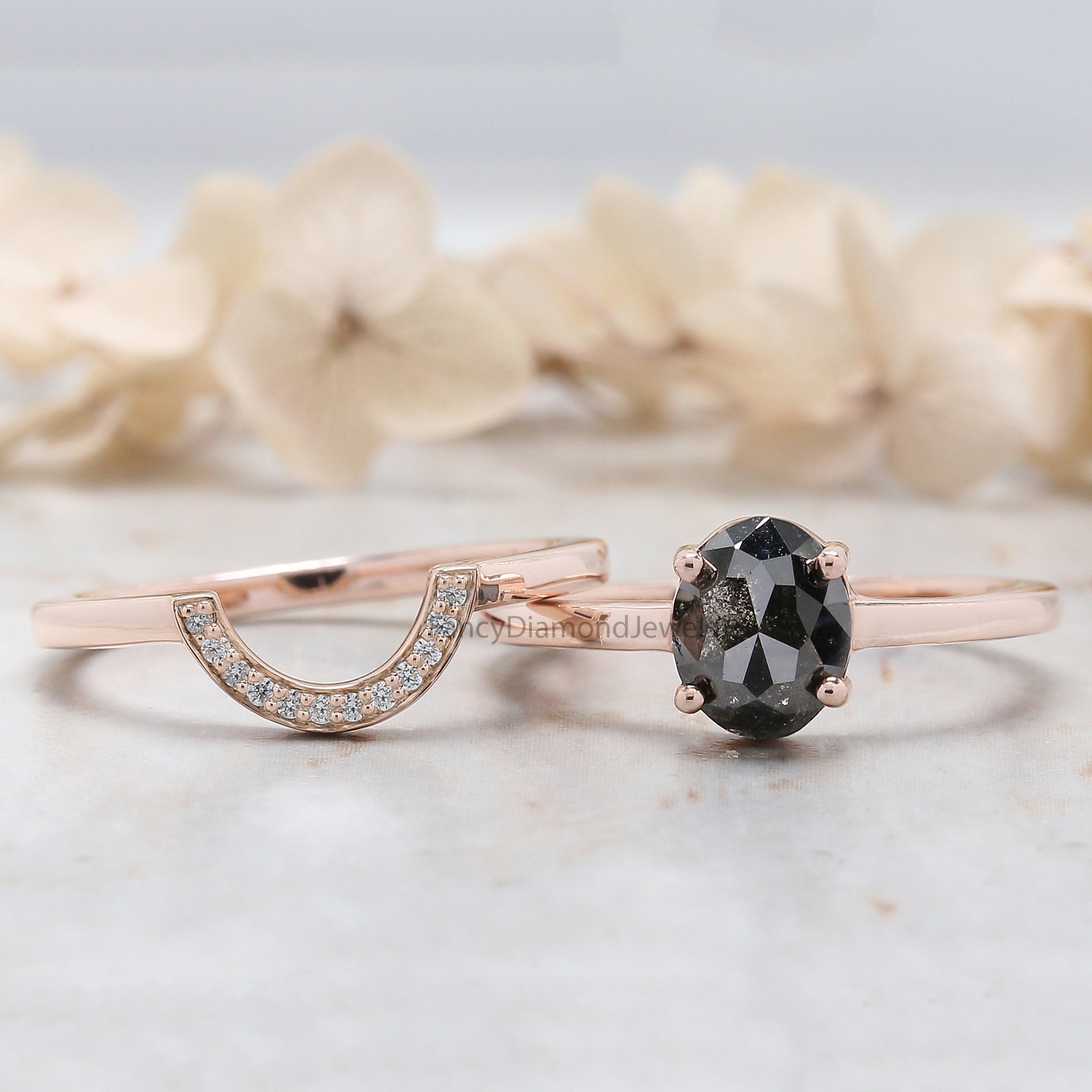 Oval Cut Salt And Pepper Diamond Ring 1.28 Ct 7.55 MM Oval Diamond Ring 14K Solid Rose Gold Silver Oval Engagement Ring Gift For Her QL3079