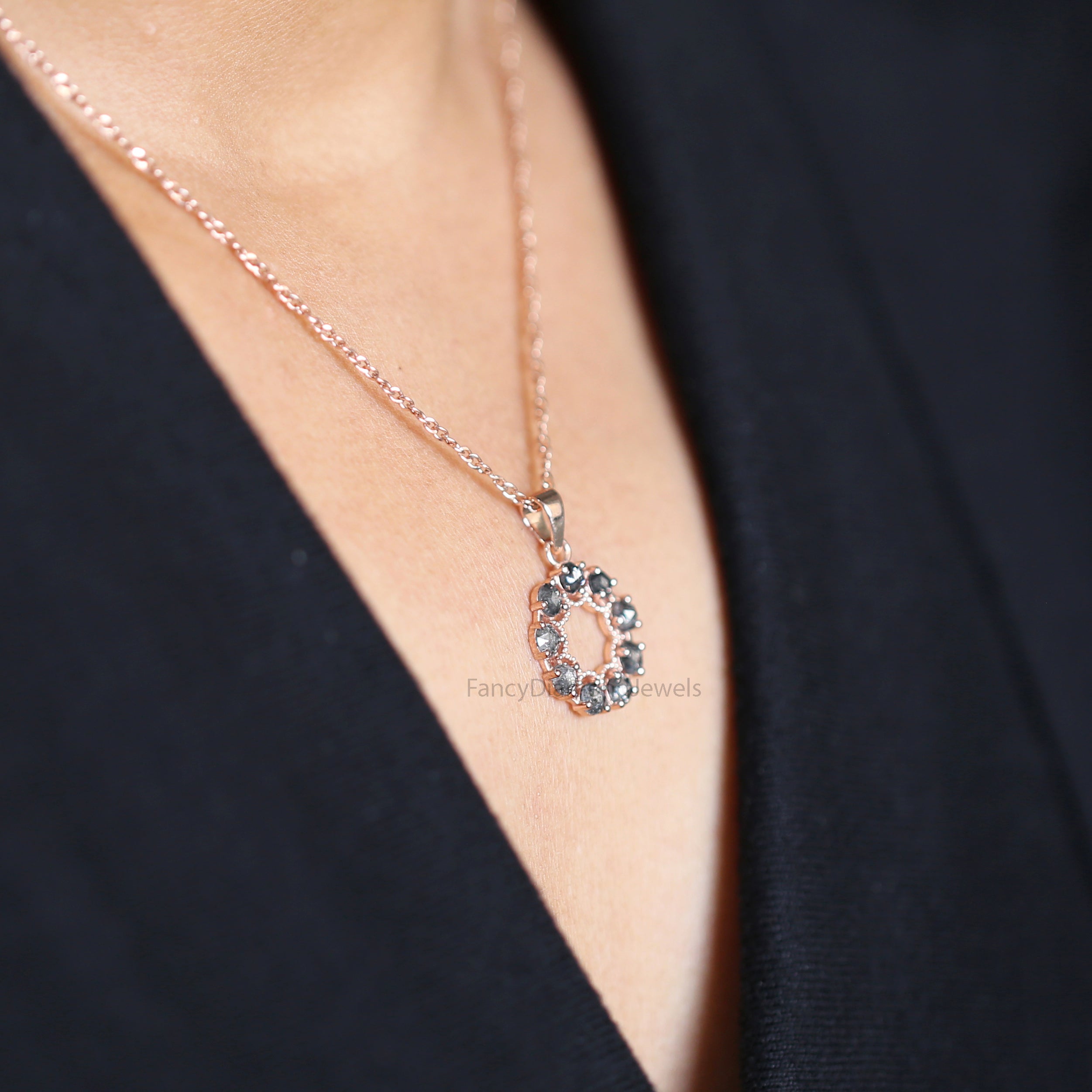 Round Rose Cut Salt And Pepper Diamond Pendant, Unique Diamond Pendant, Round Cut Diamond Pendant, Dangling Diamond Pendant KD1185