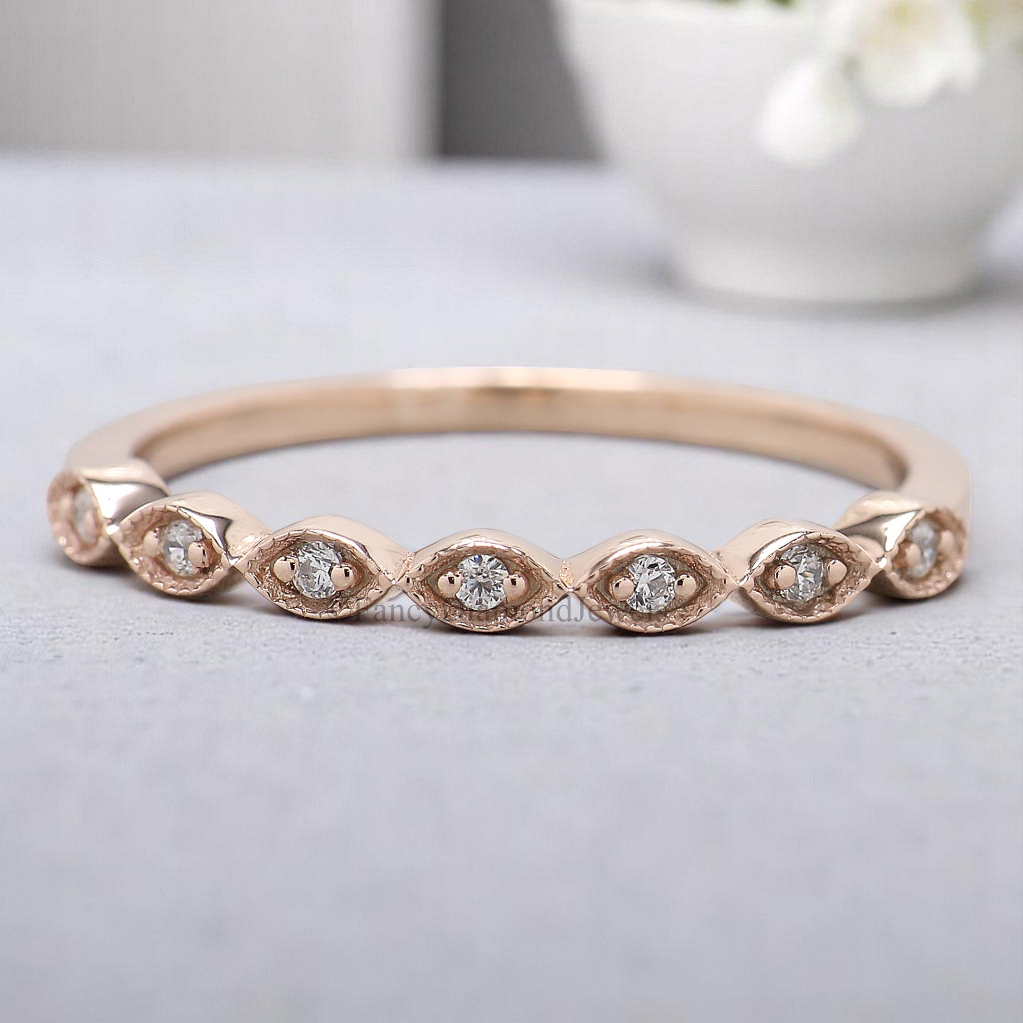 Silver/10K/14K/18K Band 1.20 MM Round Diamond Wedding Band Half Eternity Minimalist stacking dainty matching ring Boat setting ring KD903