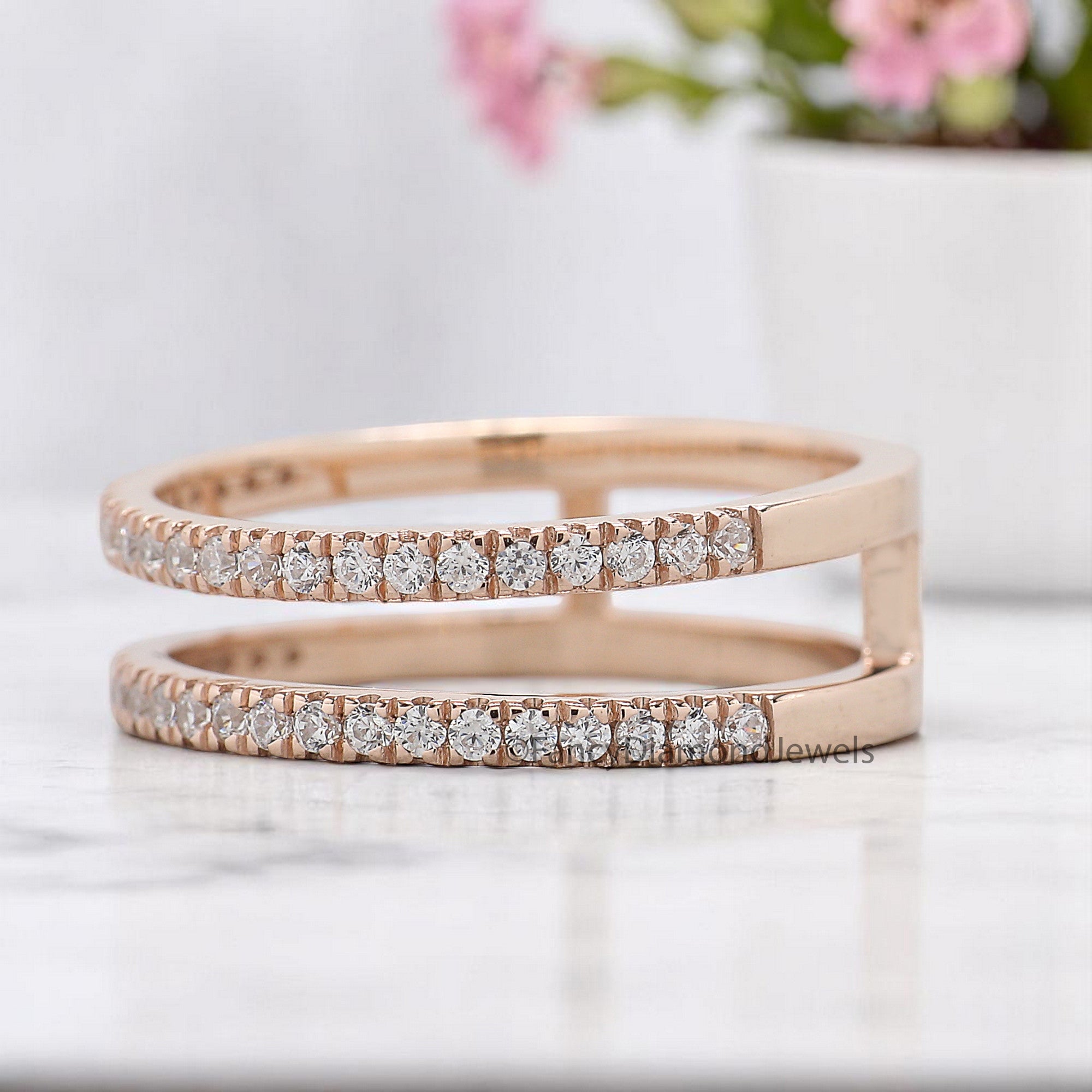 Round Cut Double Diamond Wedding Band Silver/10K/14K/18K Band Half Eternity Minimalist Ring stacking dainty matching anniversary ring KD898