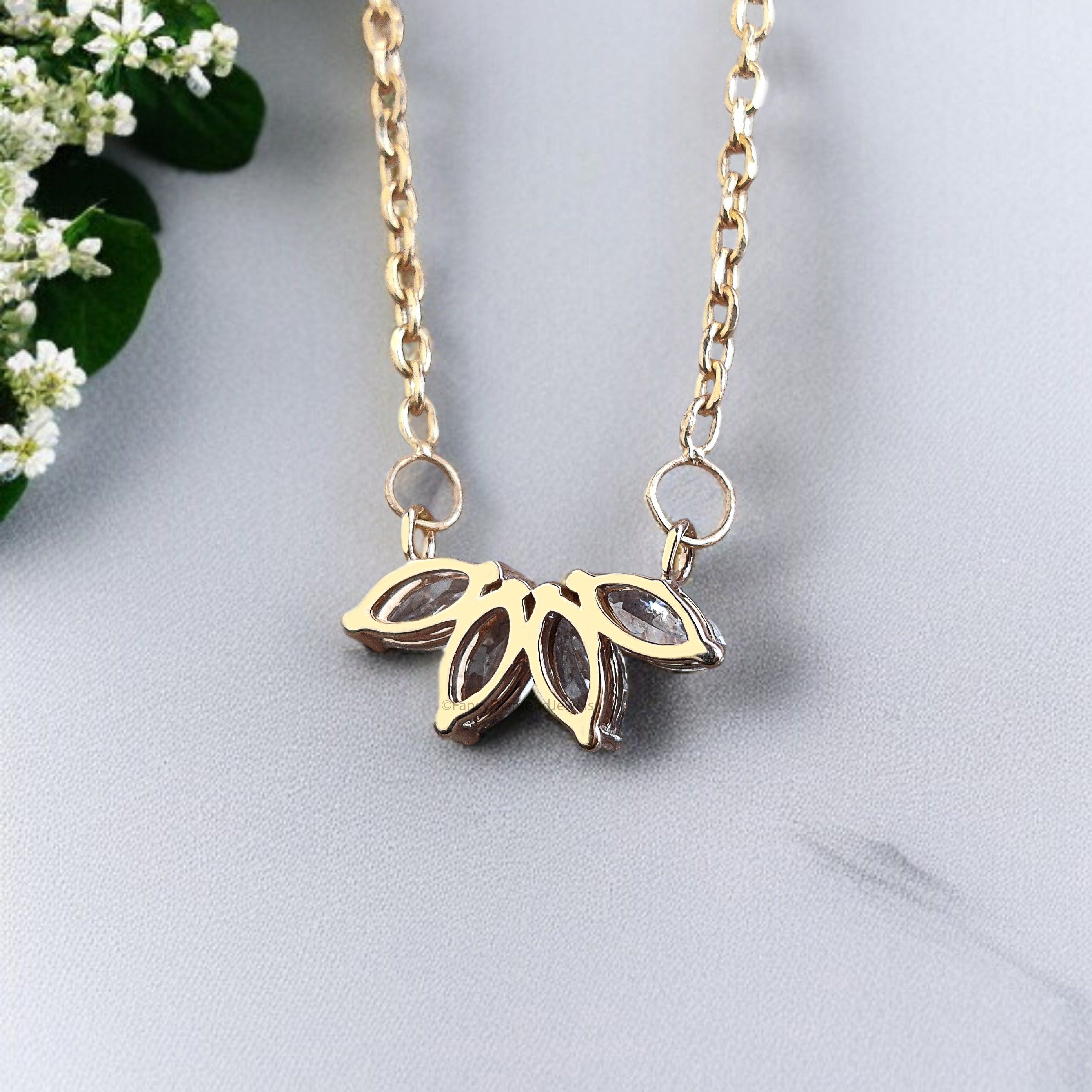 Marquise Cut CZ Diamond Flower Necklace Yellow Silver handmade jewelry Necklace Marquise Shape prong basket set Necklace With Chain FD481