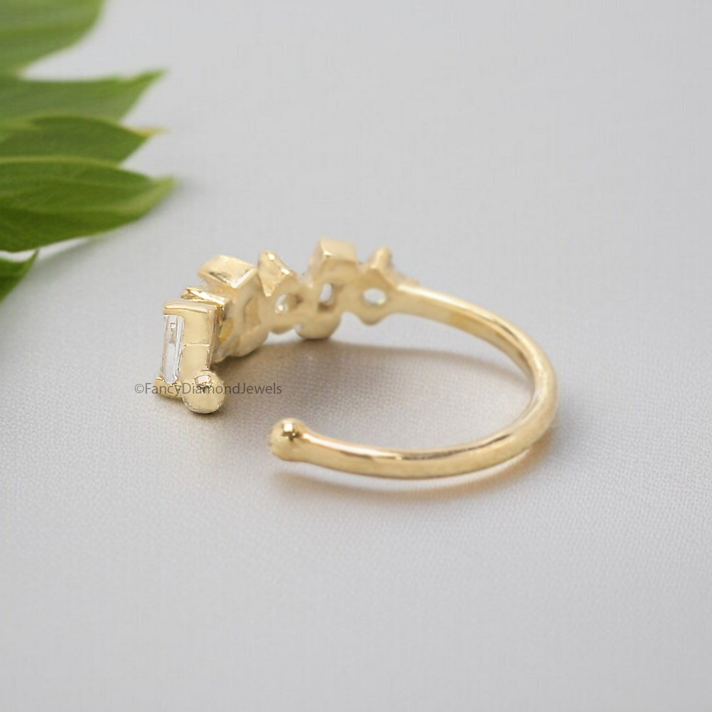 Dainty Baguette & Round Brilliant Cut Colorless Moissanite Diamond Ear Cuff Conch Ear Cuff Yellow Gold Ear Wrap FD329