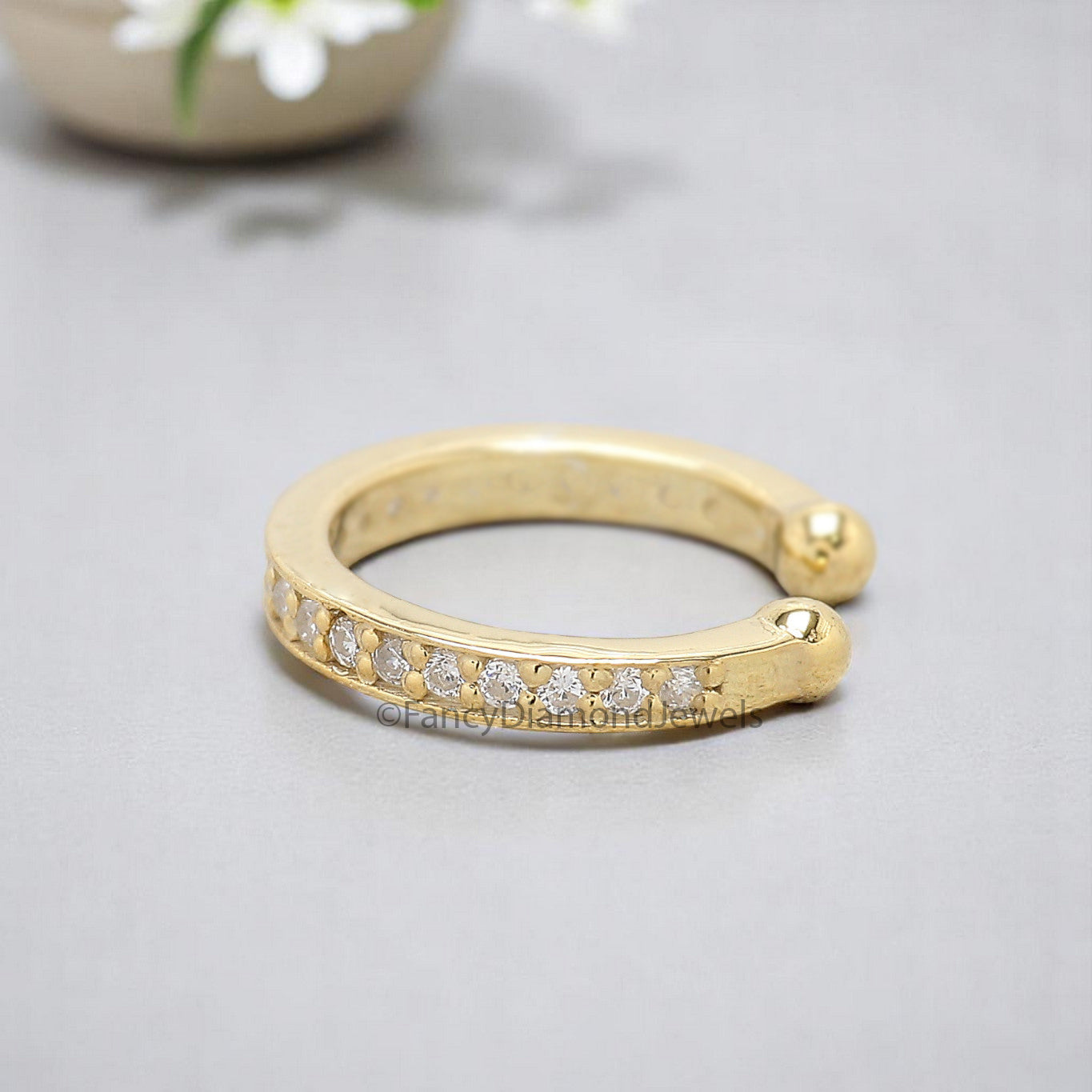 Round Brilliant Cut Colorless Moissanite Diamond Ear Cuff Dainty Ear Cuff Pave Set Sterling Silver Helix Piercing Yellow Gold Ear Wrap FD350