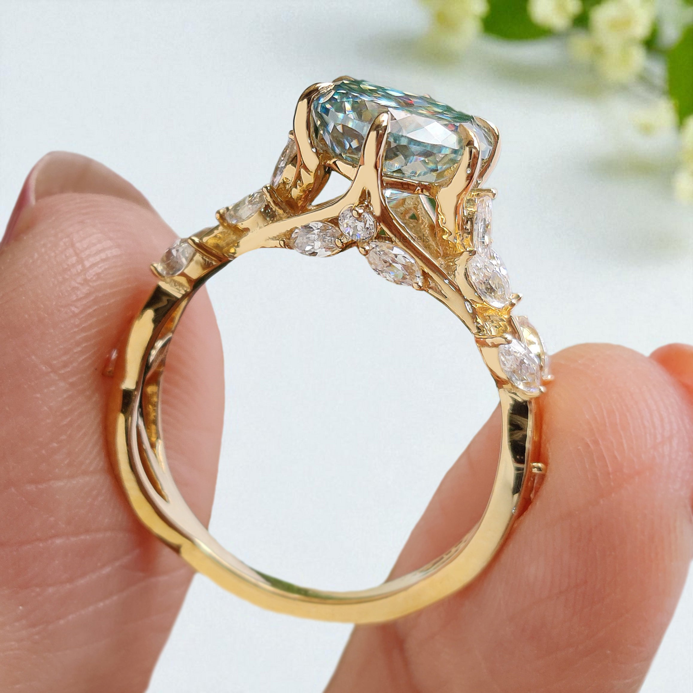 Floral Round Portuguese Cut Moissanite Engagement Ring Yellow Gold Ring Vintage Ring Anniversary Ring Nature Inspire Ring Wedding Ring FD408
