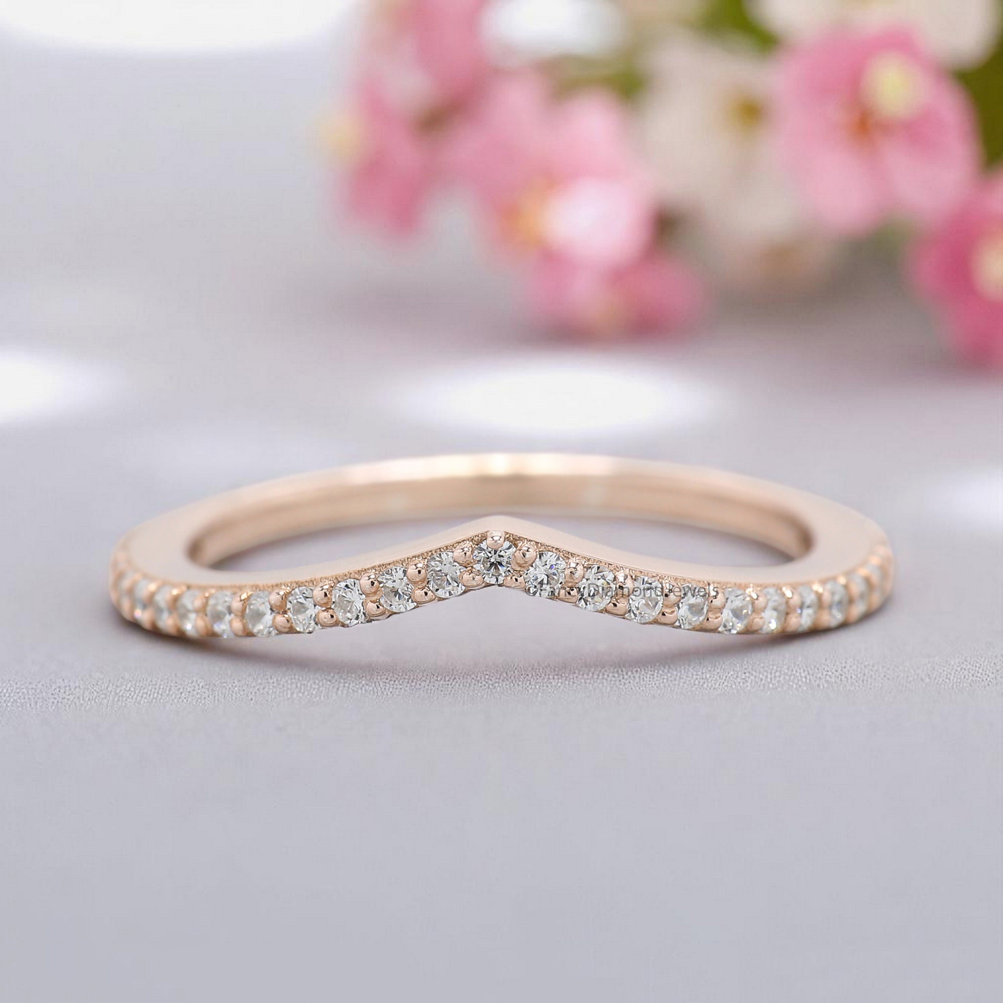 V Shaped Wedding Band 0.20 TW Round Diamond Band Rose Gold Silver/10K/14K/18K Engagement Band Half Eternity Anniversary Ring FD377