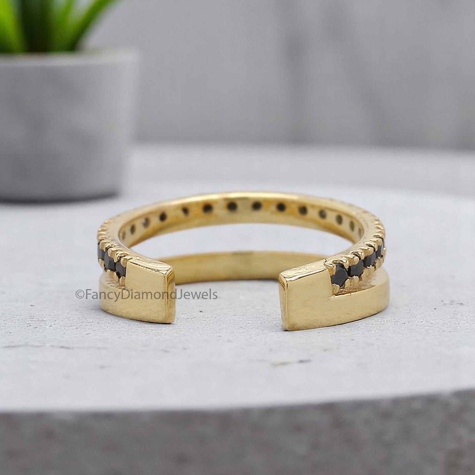 Round Brilliant Cut Black Color Diamond Ear Cuff Double Band Ear Cuff Dainty Ear Cuff Black Diamond Simulant Cuff Yellow Gold Ear Wrap FD354