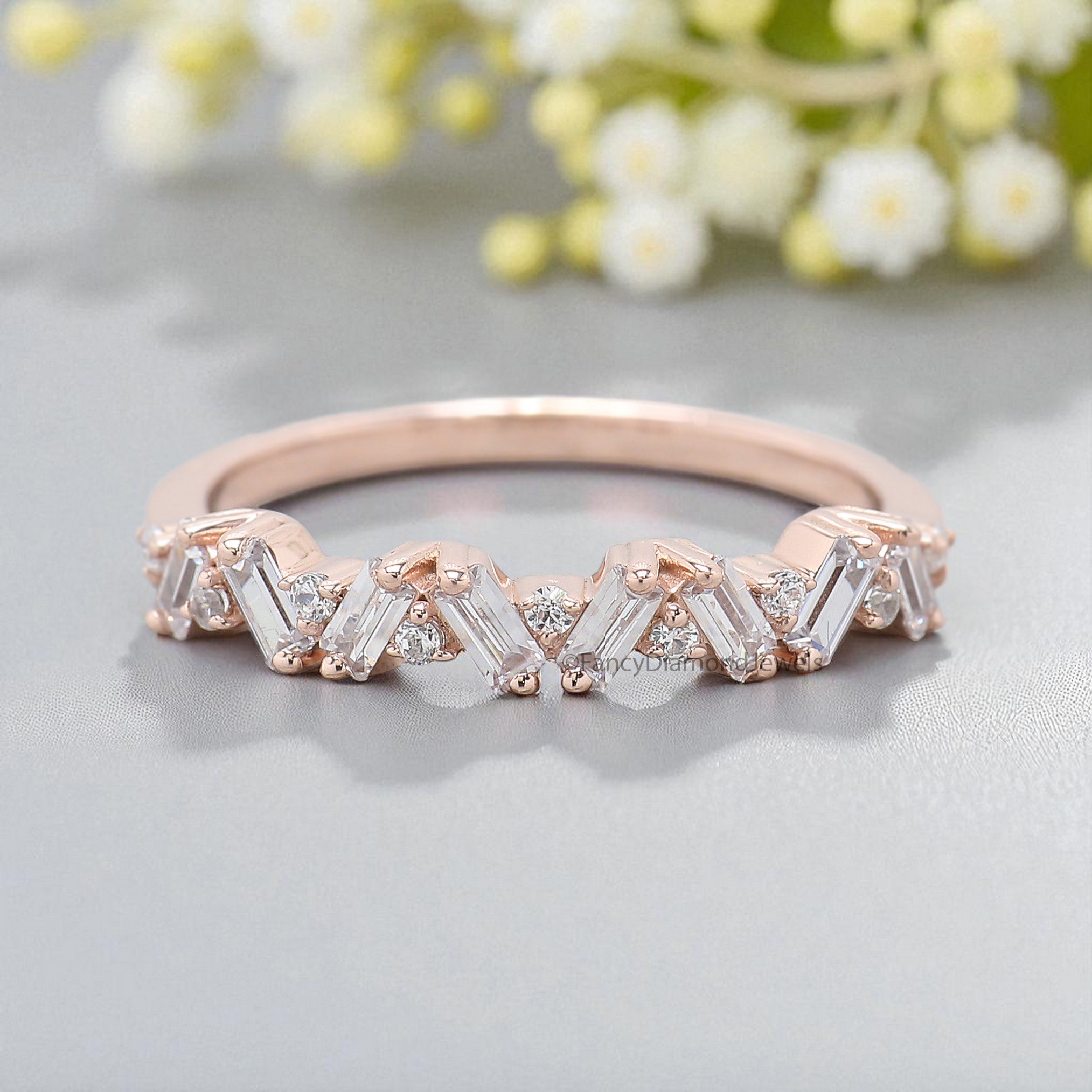 Baguette And Round Diamond Wedding Band Silver/10K/14K/18K Gold Half Eternity Minimalist stacking dainty matching anniversary ring KD892