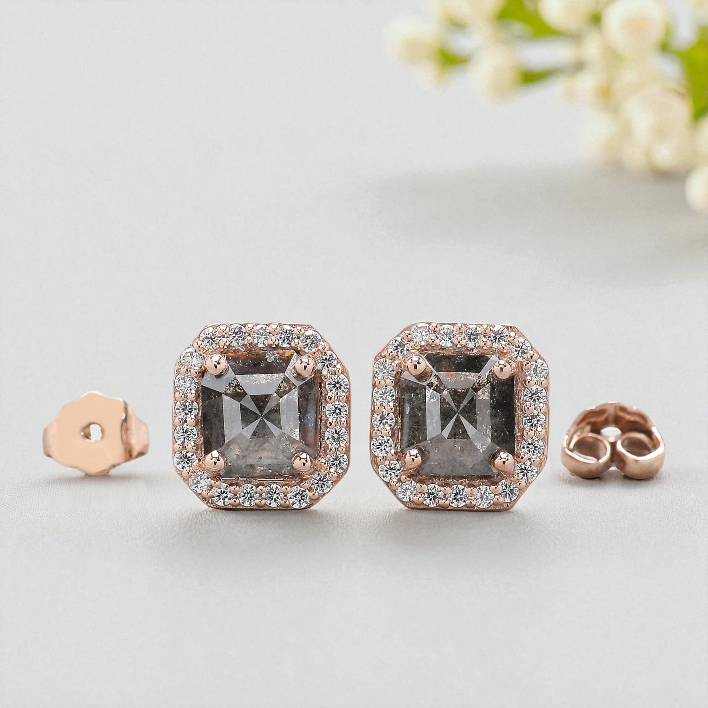 Emerald Shape Salt And Pepper Diamond Earring Emerald Earring Halo Set Earring Engagement Earring Earlobe Earrings Gift For Her KD860