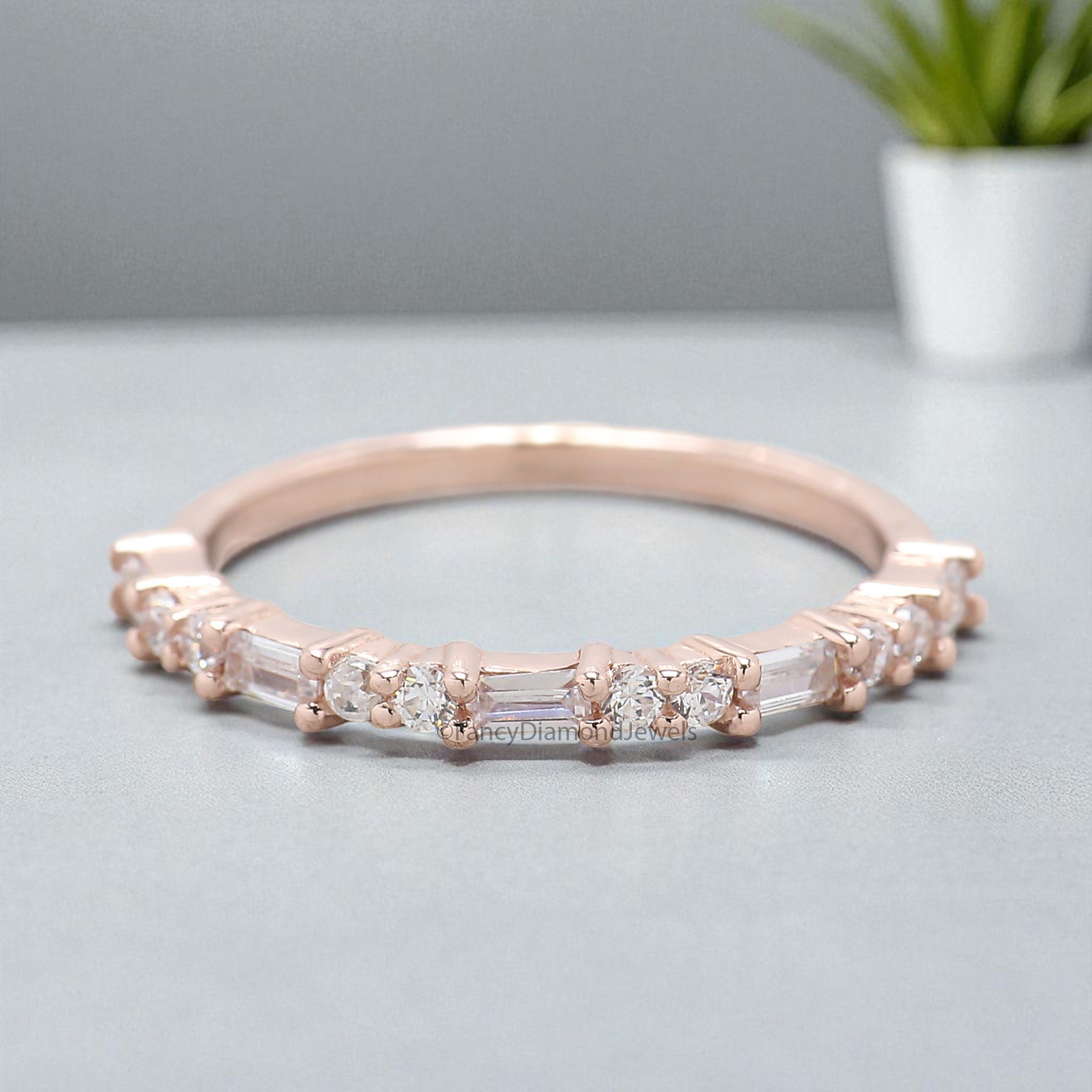 Silver/10K/14K/18K Gold Baguette And Round Diamond Wedding Band Half Eternity Minimalist stacking dainty matching anniversary ring KD1145