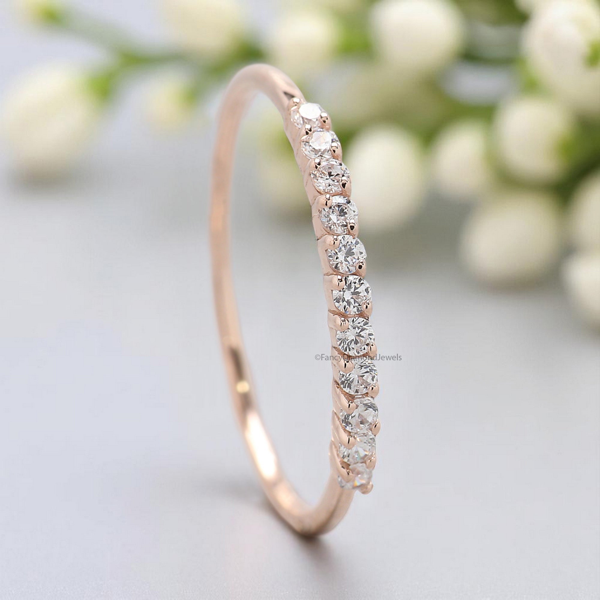 Round Moissanite Diamond Wedding Band Half Eternity Minimalist stacking dainty matching anniversary Ring Silver/10K/14K/18K Gold Band KD899