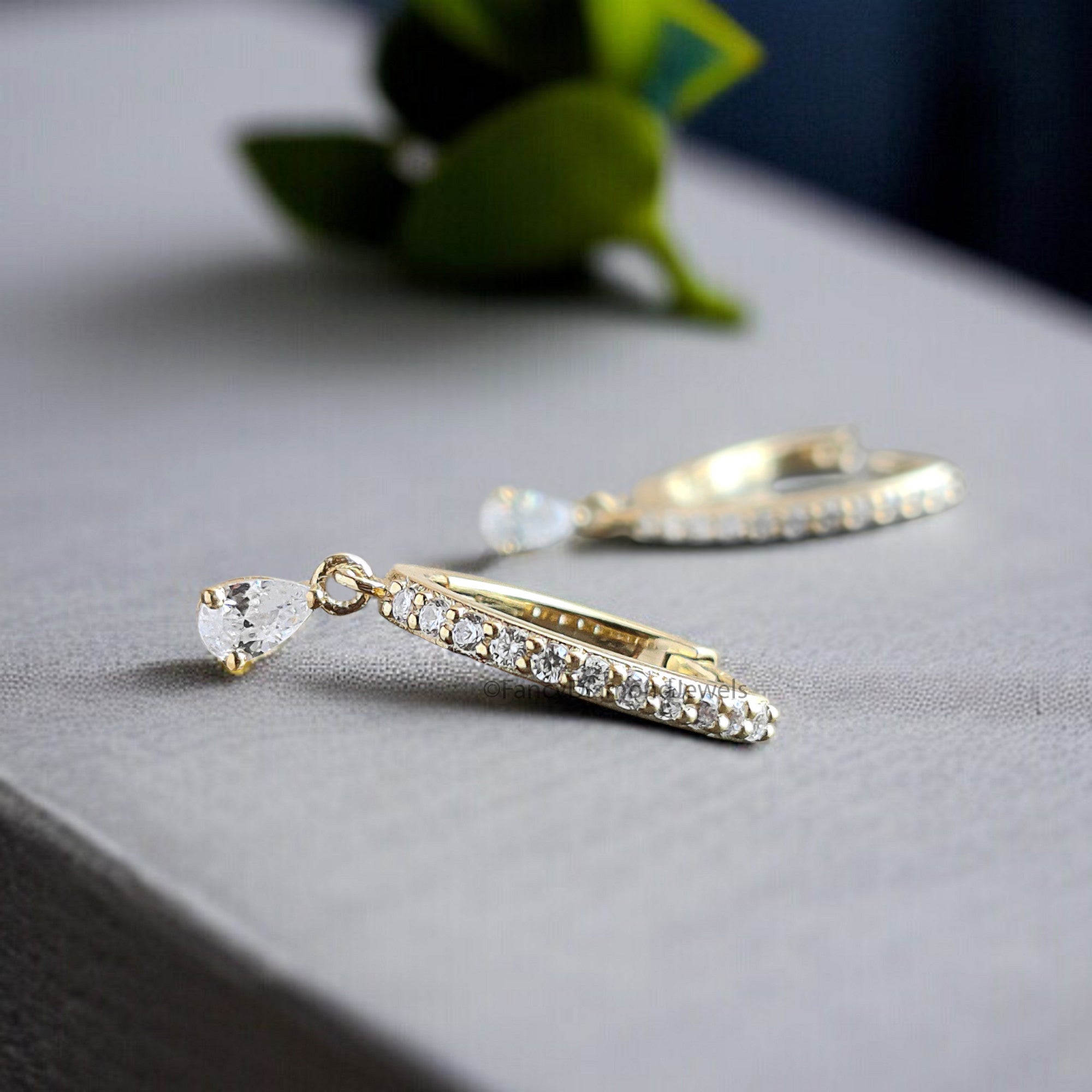 Pear Colorless Moissanite Earrings Huggie Hoop Dangle Earrings Bridal Earrings Yellow Gold Earrings Anniversary Gift For Women FD344
