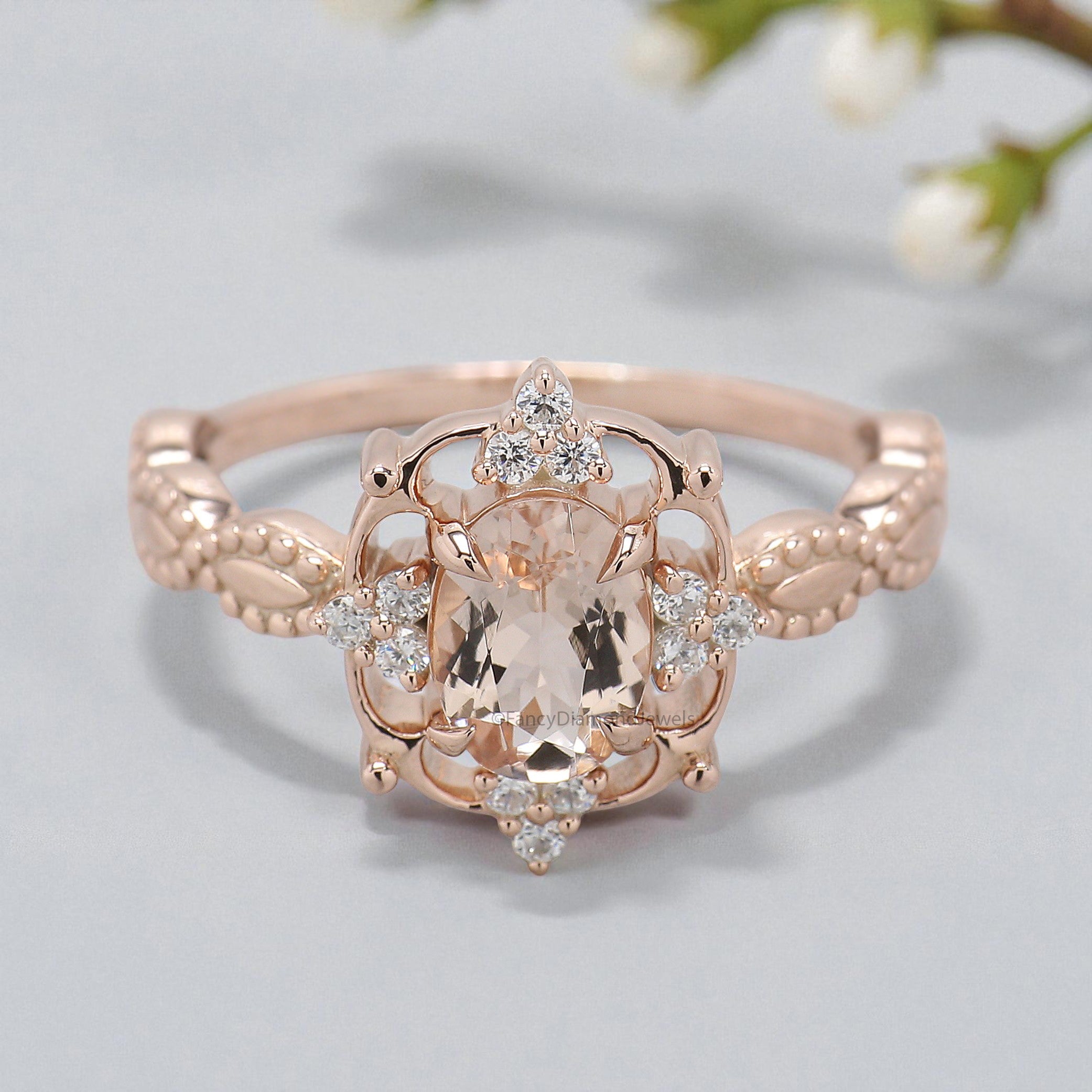 0.70 CT Oval Cut Natural Morganite Engagement Ring Rose Gold Ring Oval Shape Wedding Ring Unique halo Starburst Ring Gift For Her FD452