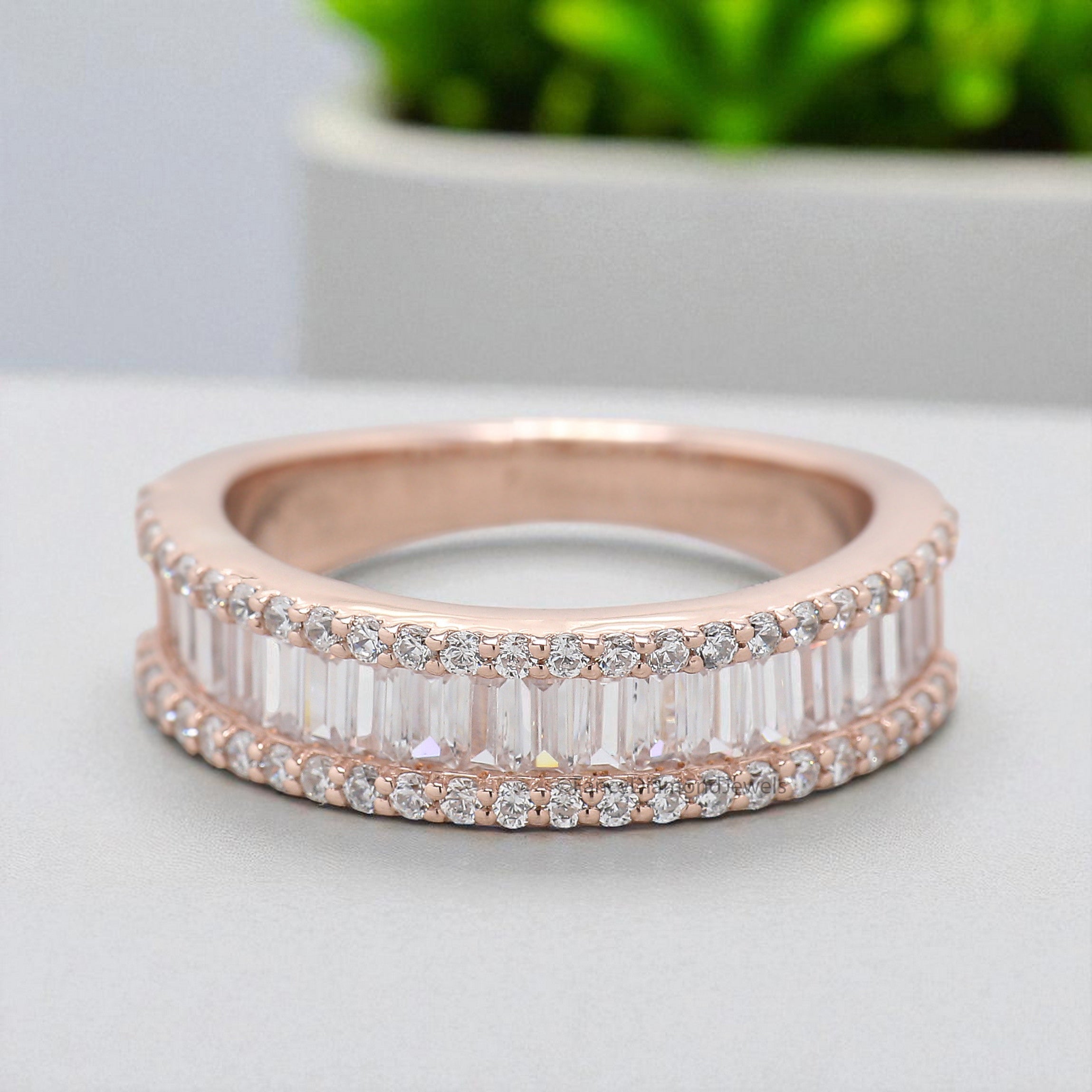 Natural Round / Baguette Diamond Wedding Band Half Eternity Minimalist stacking dainty matching Band Silver/10K/14K/18K Gold Band KD1168