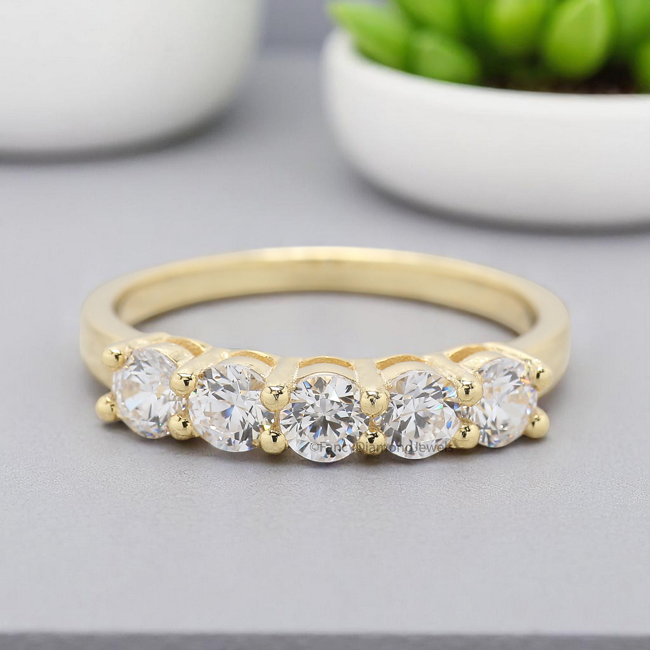 Five Round Diamond Wedding Band Silver/10K/14K/18K Band 3.50 MM Diamond Band Half Eternity Minimalist stacking dainty matching Ring FD379