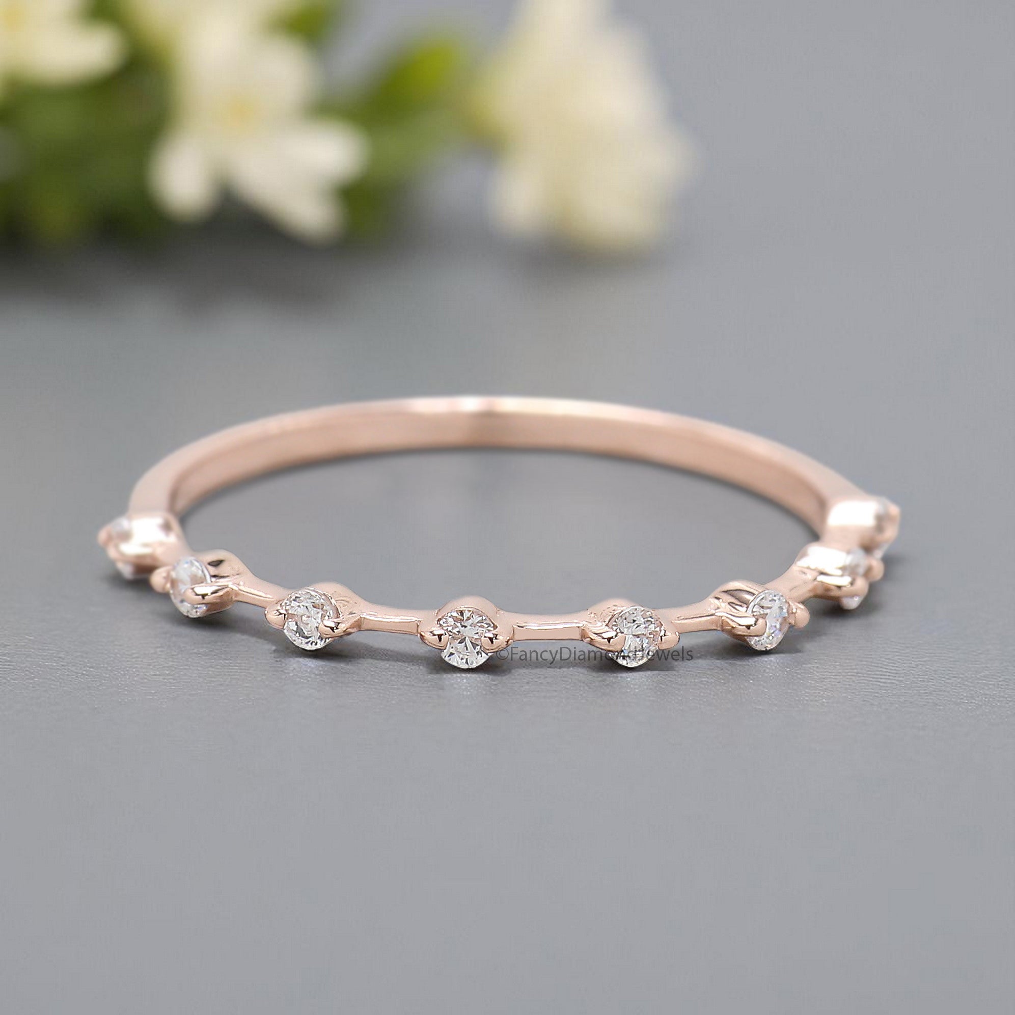 White Round Diamond Wedding Band Half Eternity Minimalist Ring Silver/10K/14K/18K Band stacking dainty matching anniversary ring KD906