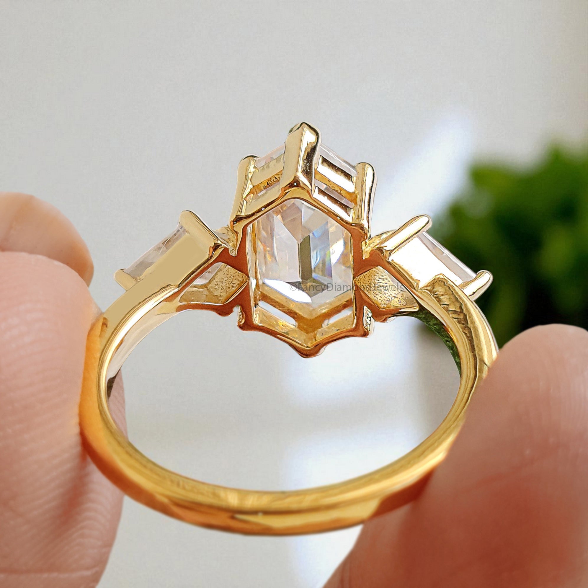 4.55 CT Hexagon Cut Simulated Diamond Engagement Ring 3 Stone Ring Yellow Gold Ring Anniversary Ring Simulant ring Gift For Her FD395