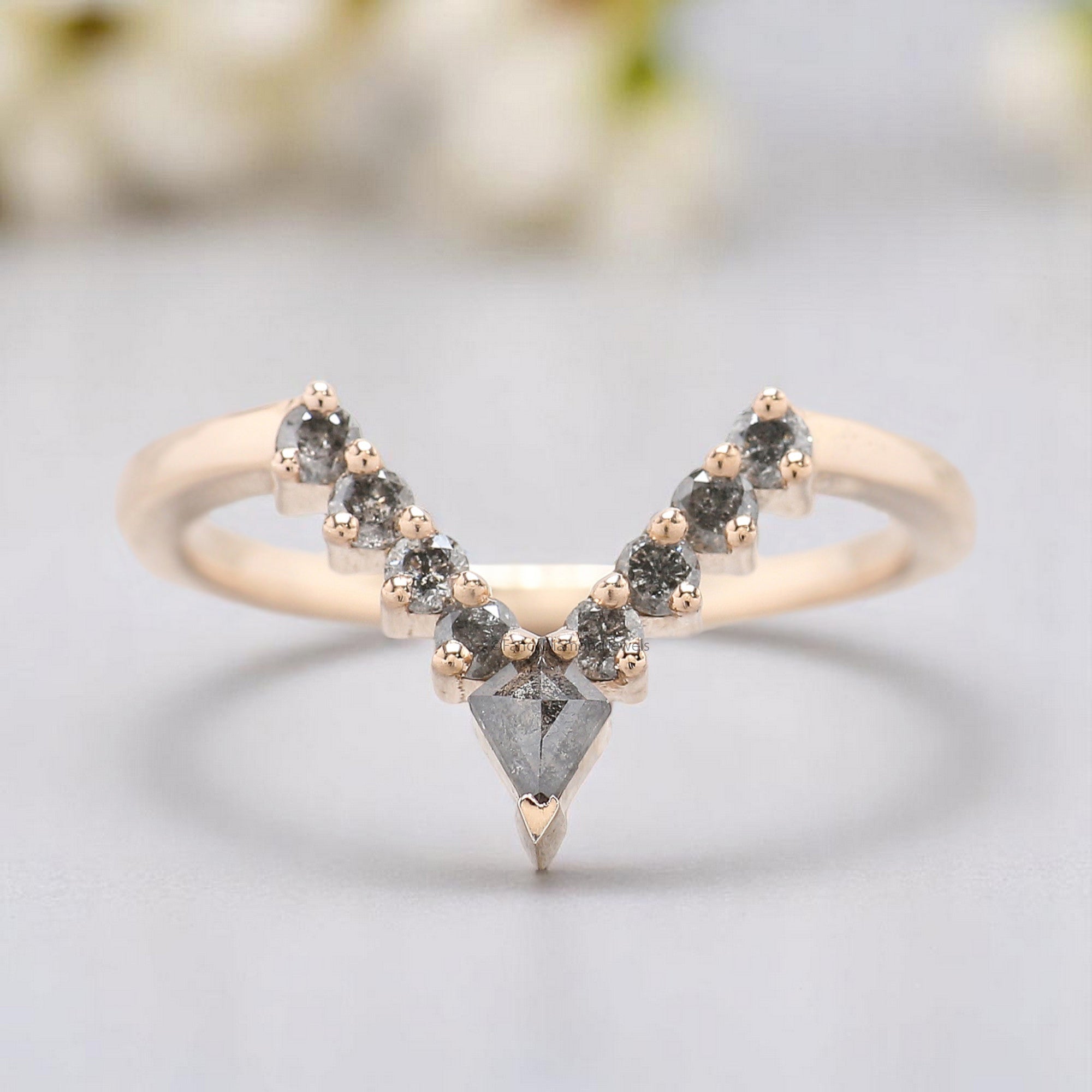 Salt And Pepper 0.32 TW Diamond Wedding Band Deep V Shape Band Silver/10K/14K/18K Gold Half Eternity anniversary Ring Gift For Her KD839