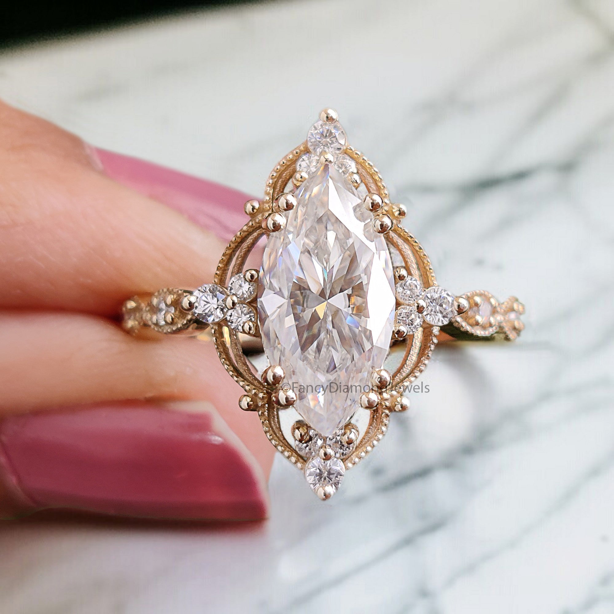 Marquise Moissanite Bridal Set 2pcs Moissanite Cage Ring Unique Engagement Ring Yellow Gold Vintage Wrap Ring Bridal Anniversary Ring FD318