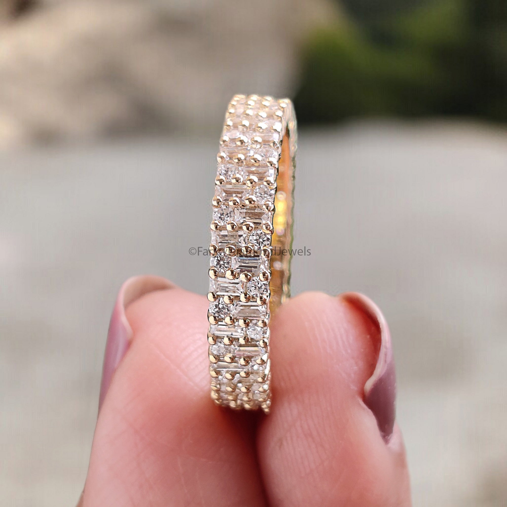 1.10 CT Baguette & Round Cut Moissanite Full Eternity Band Unique Wedding Band Anniversary Gift For Women Yellow Gold Stacking Band FD319