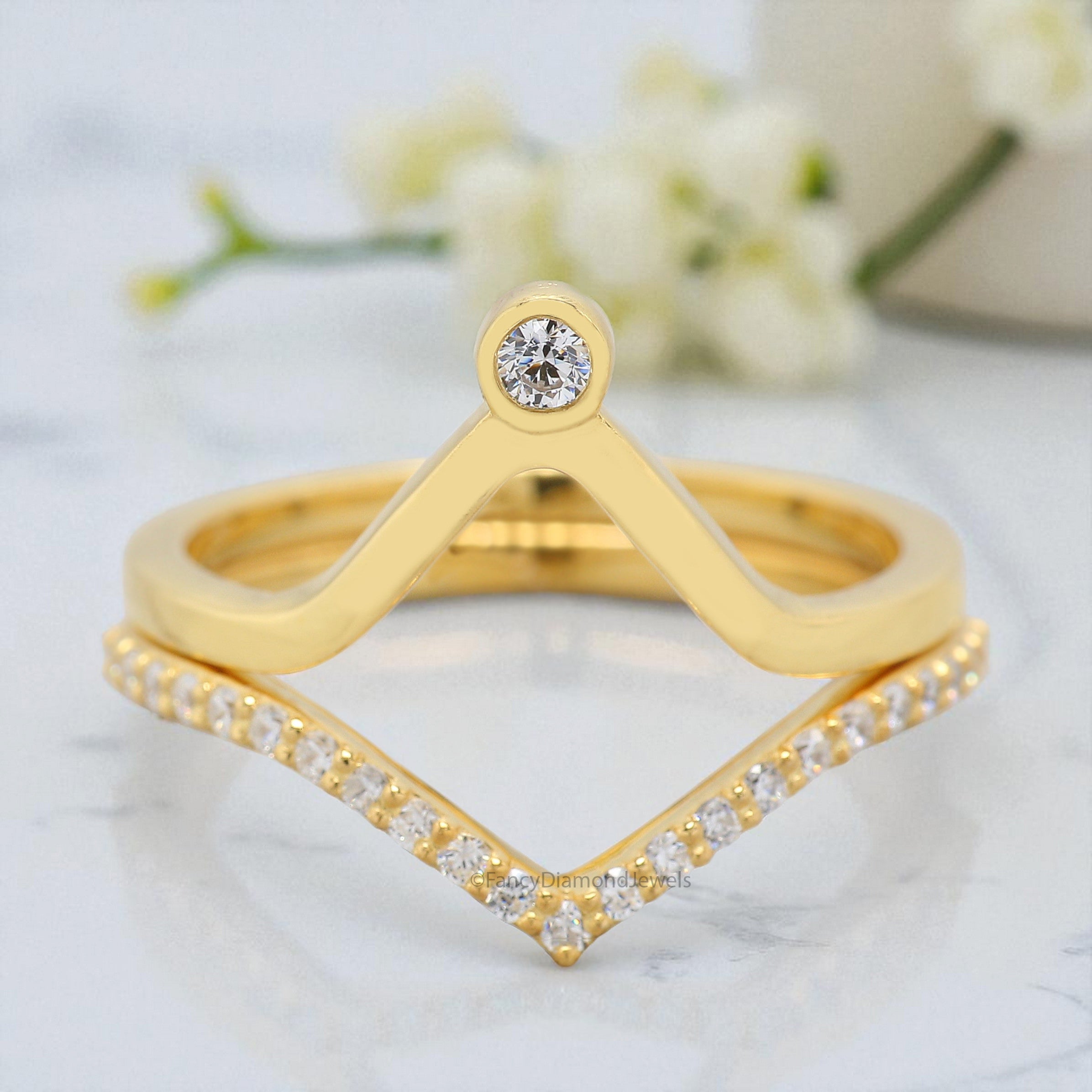 Double Banded Wedding Ring 0.21 CTW Round Diamond Band V Shaped Silver/10K/14K/18K Band Half Eternity Engagement Band Anniversary Ring FD392