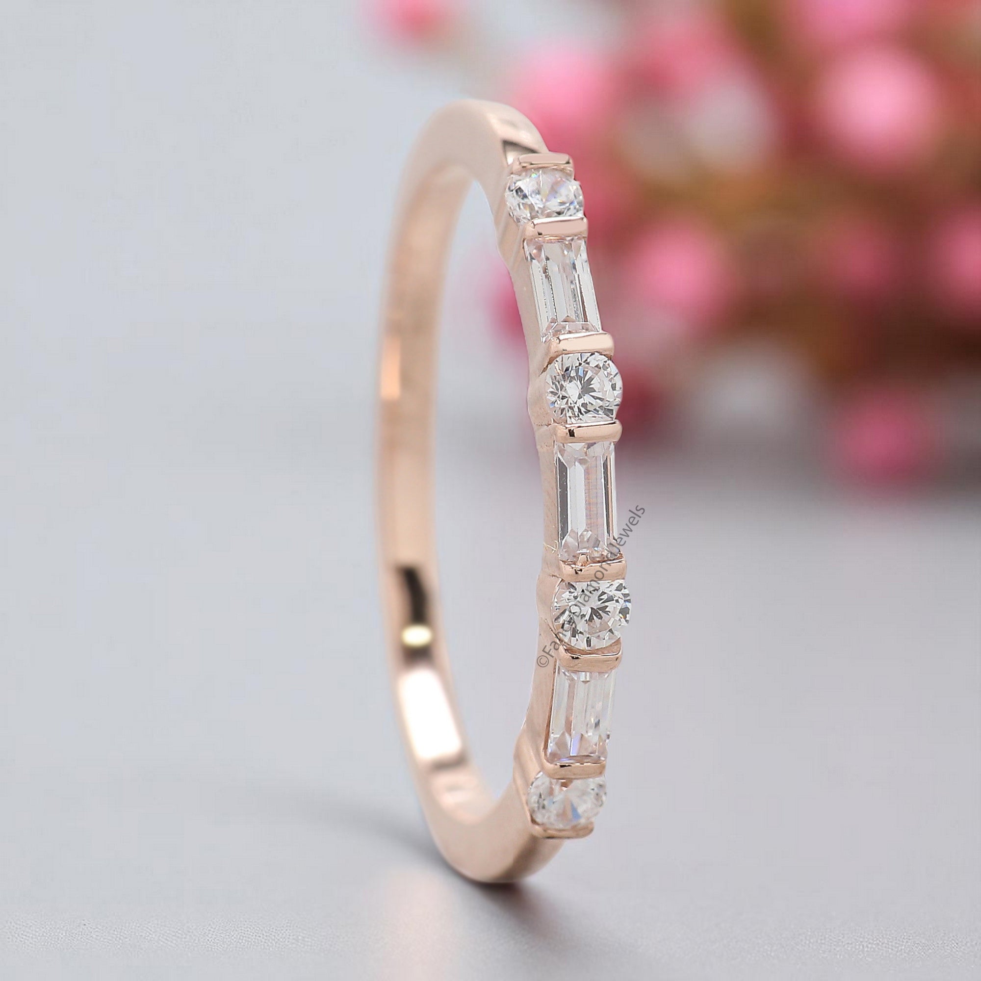 Baguette And Round Diamond Wedding Band Silver/10K/14K/18K Gold Half Eternity Minimalist stacking dainty matching anniversary ring KD893