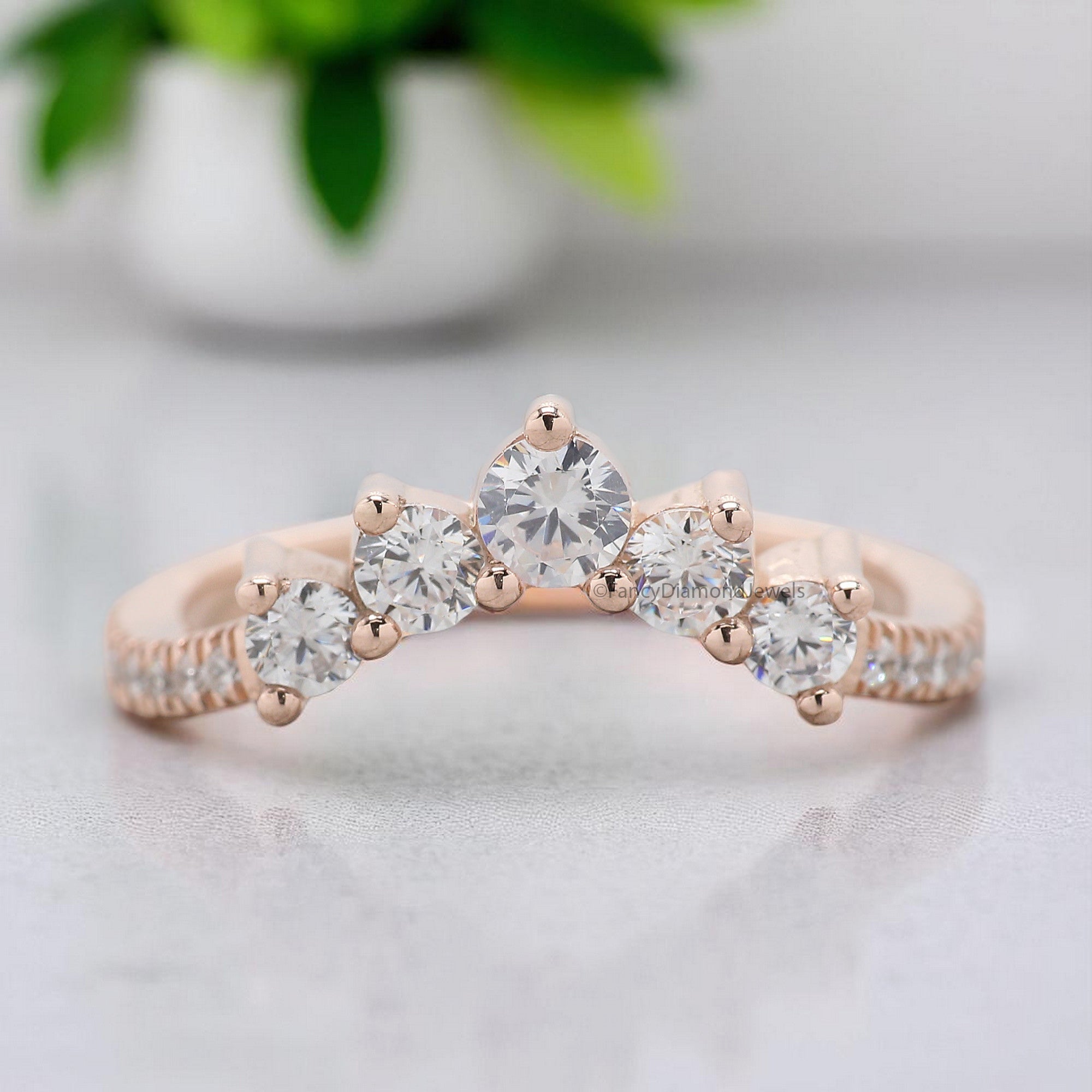 Curved wedding band 0.64 TW Round cut Moissanite ring Chic Thin V Shaped band Silver/10K/14K/18K Band Half eternity Anniversary band FD376