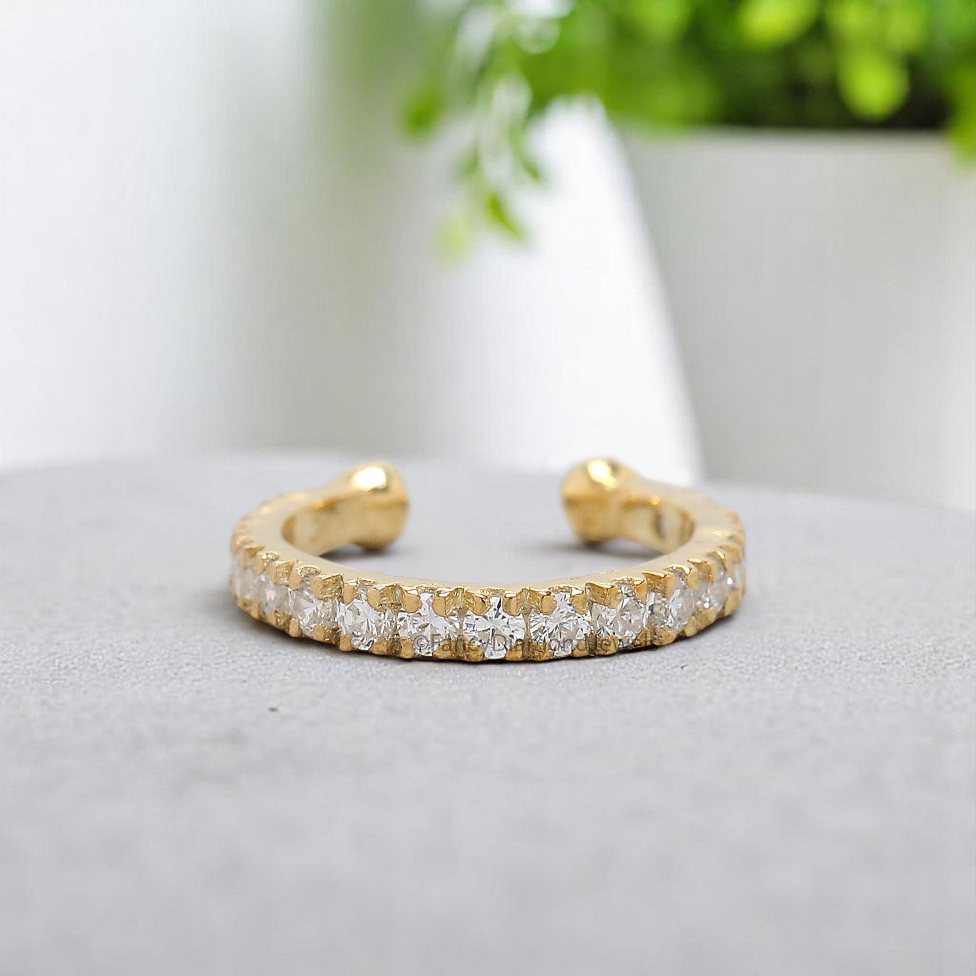 Round Brilliant Cut Colorless Moissanite Diamond Ear Cuff Dainty Ear Cuff Halo Set Sterling Silver Helix Piercing Yellow Gold Ear Wrap FD366