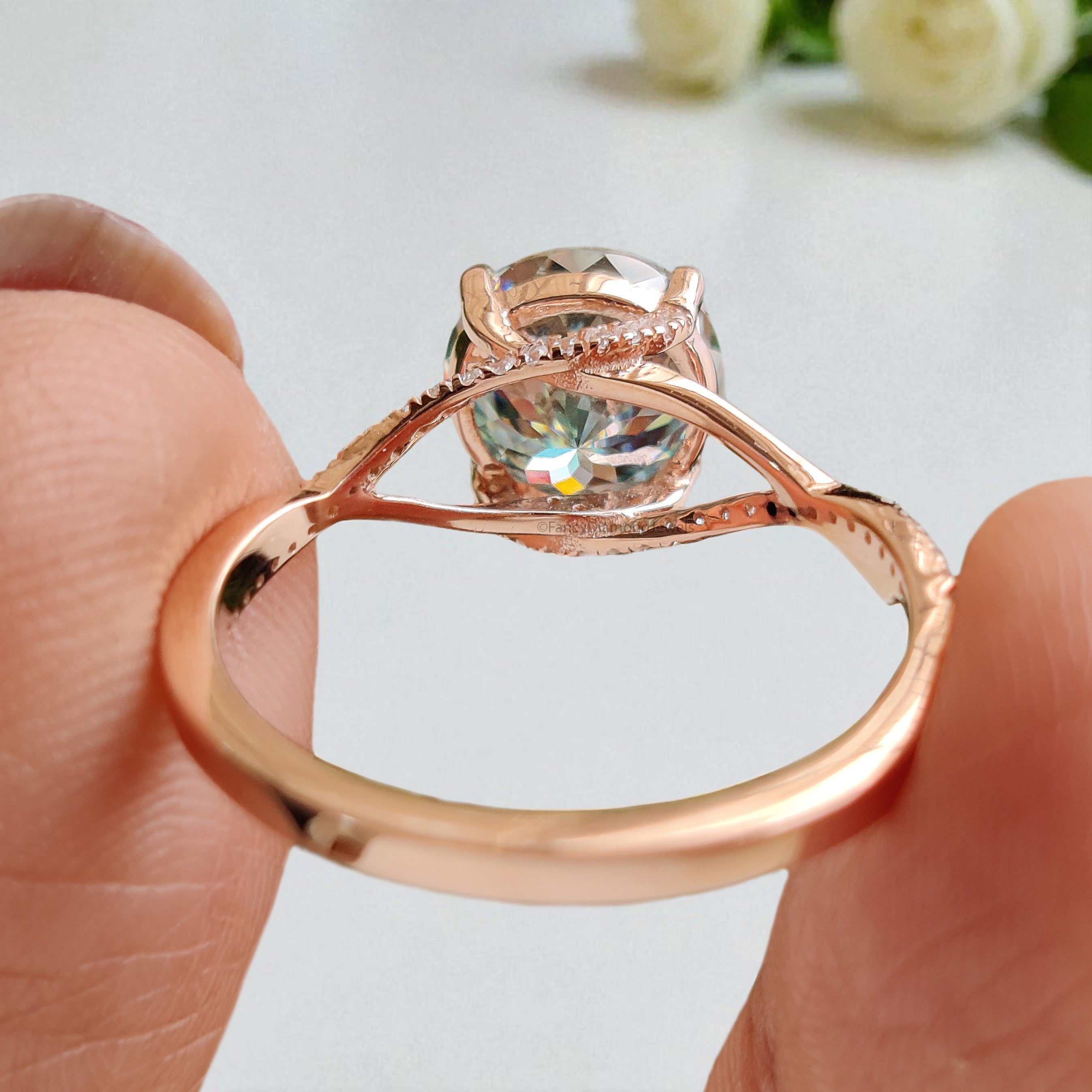 Round Portuguese Cut Aqua Blue Green Moissanite Engagement Ring Rose Gold Ring Vintage Ring Crossover Band Wedding Ring Gift For Her FD419