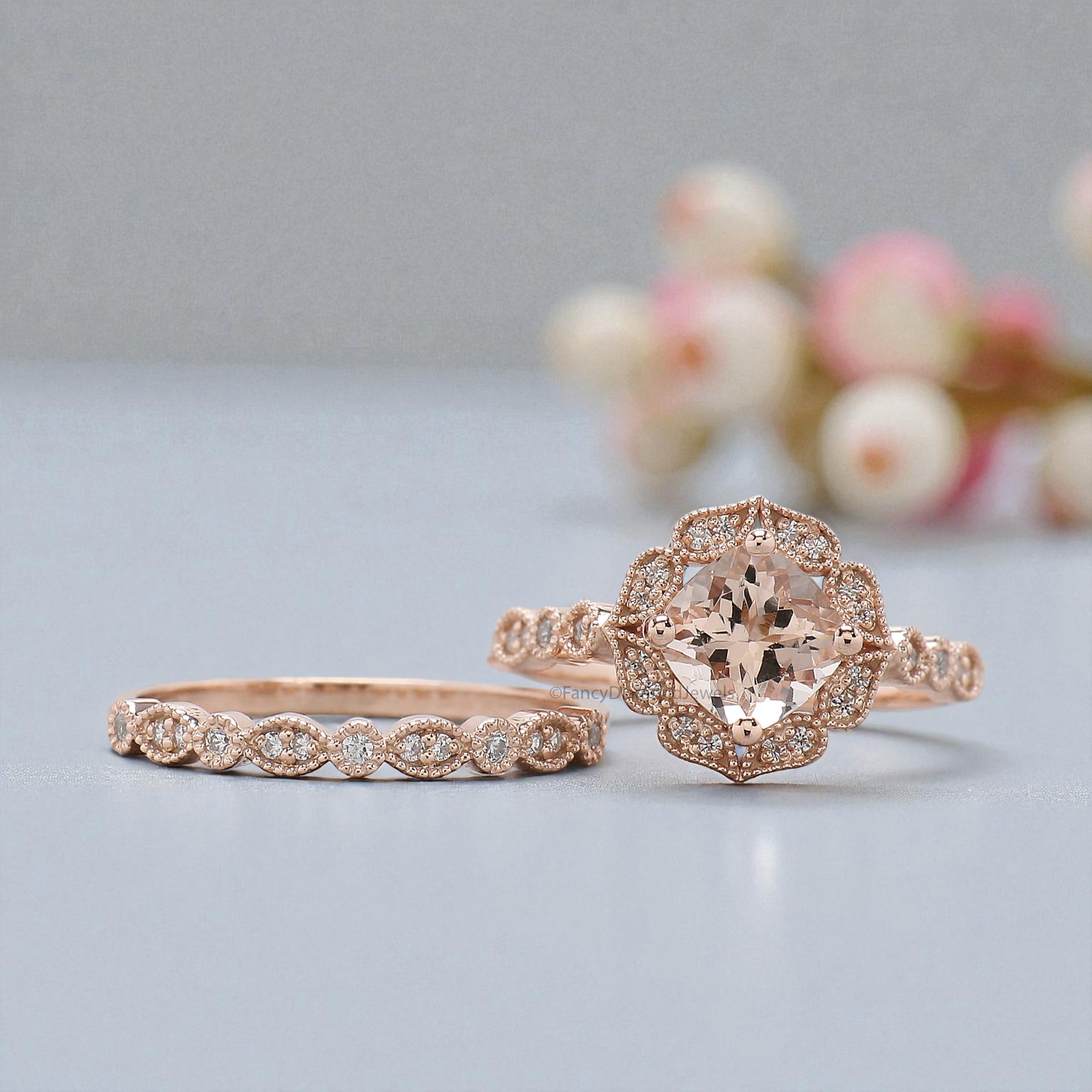 1.00 CT Cushion Cut Natural Morganite Engagement Ring Set Rose Gold Ring Round Diamond Wedding Ring Unique Halo Ring Gift For Her FD451