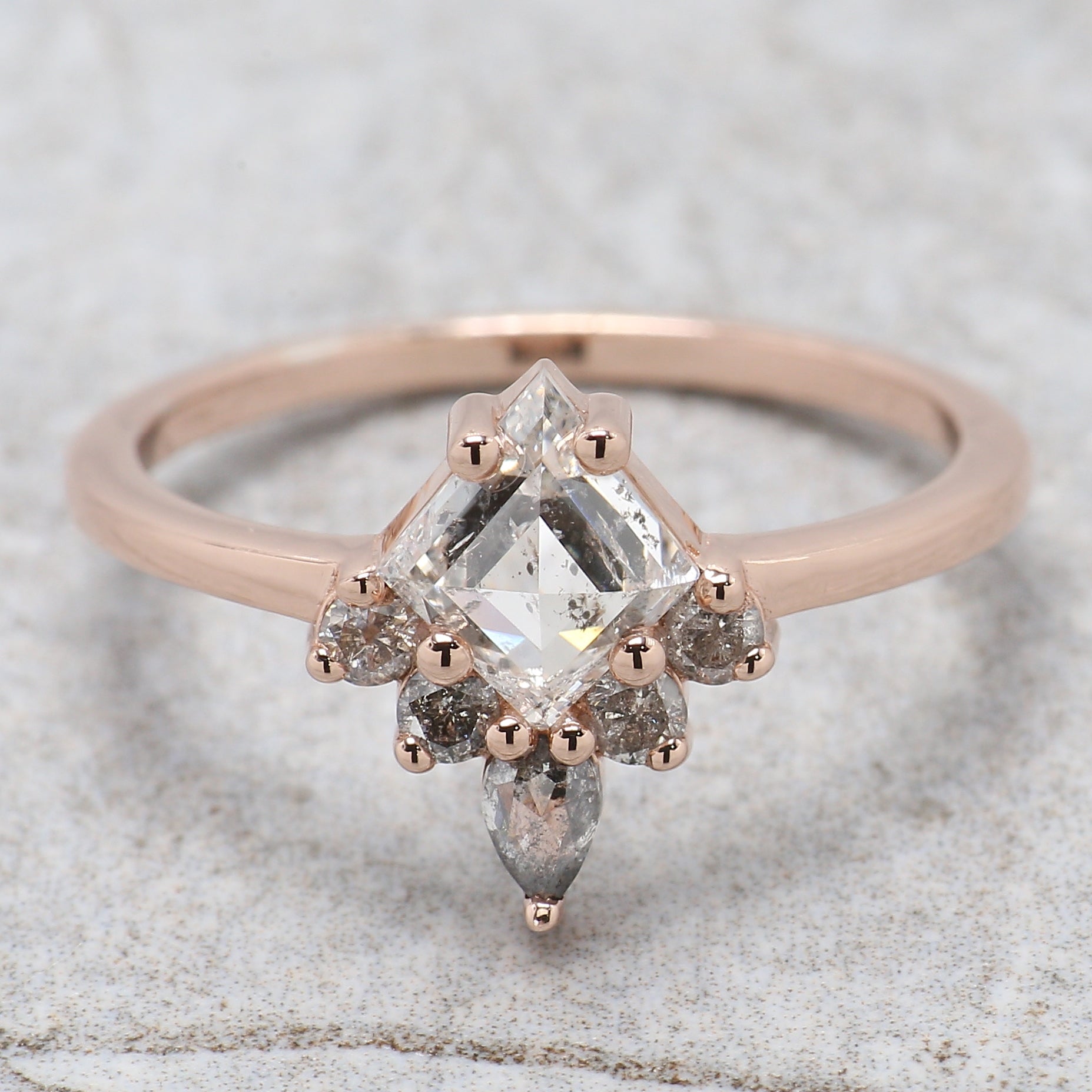 Kite Cut Salt And Pepper Diamond Ring 0.83 Ct 7.44 MM Kite Diamond Ring 14K Solid Rose Gold Silver Kite Engagement Ring Gift For Her QL2628