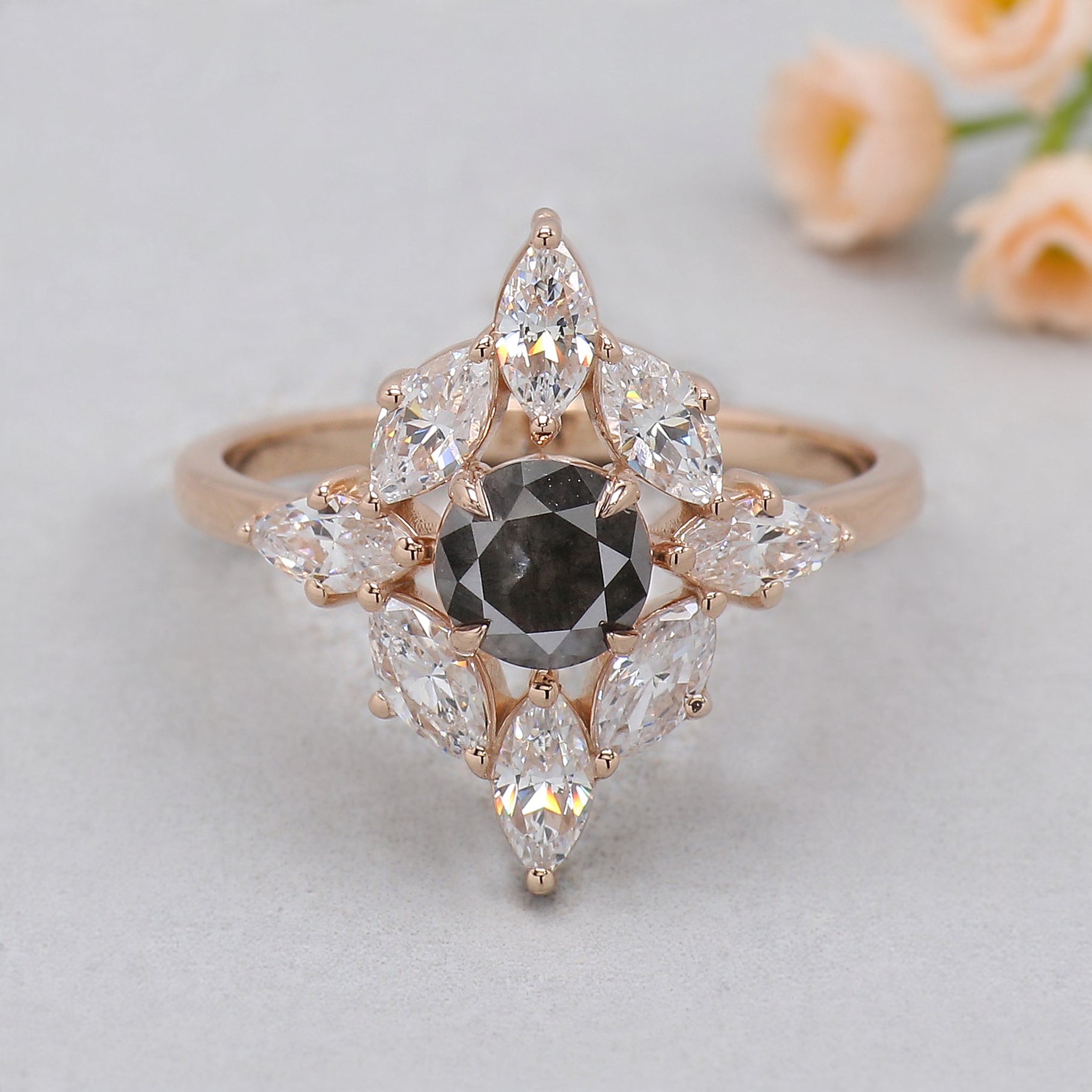 0.68 Ct Natural Round Shape Salt And Pepper Diamond Ring 5.30 MM Round Cut Diamond Ring 14K Solid Rose Gold Silver Engagement Ring KDL1765