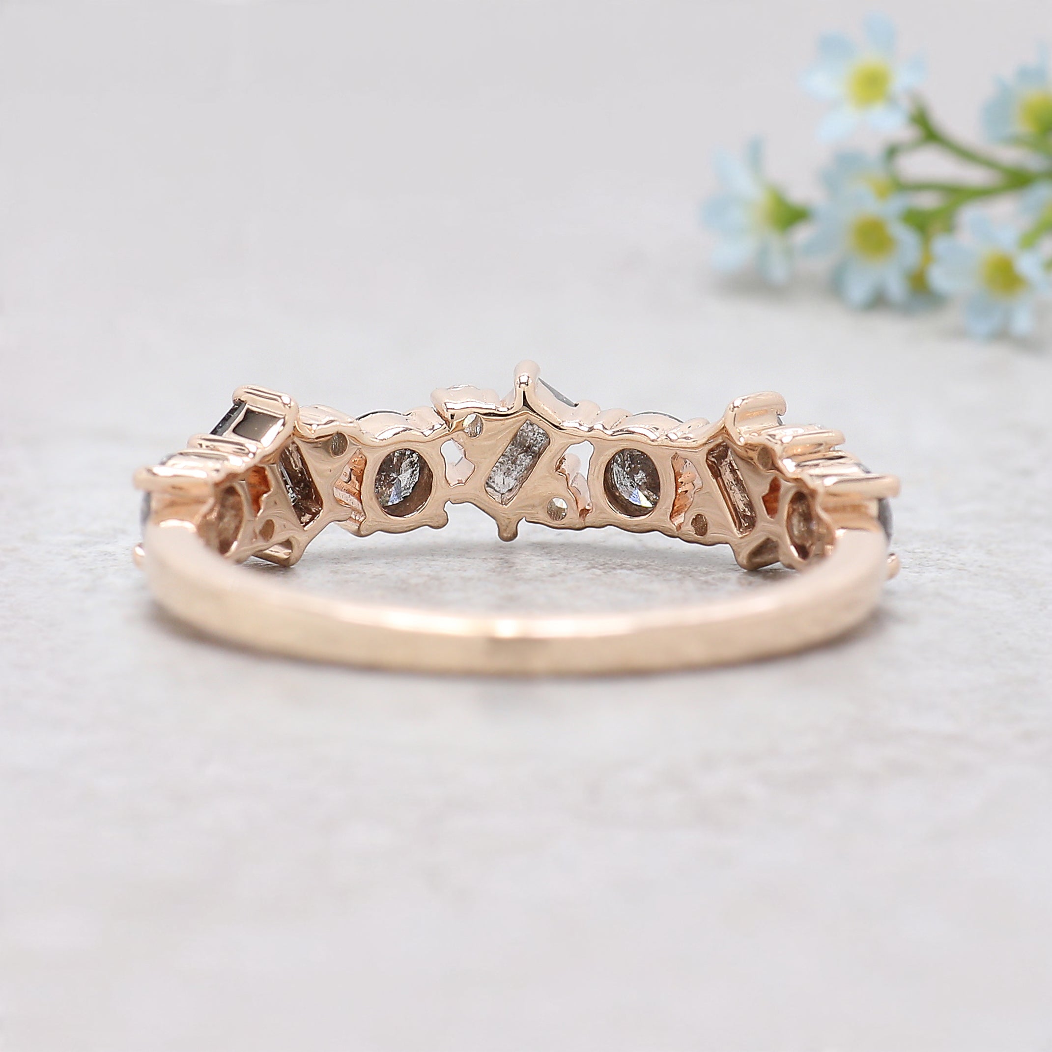 Round & Baguette Salt and Pepper Diamond Band, Half Eternity Wedding Ring in Solid Gold or Silver, Unique Anniversary Gift for Her FD549