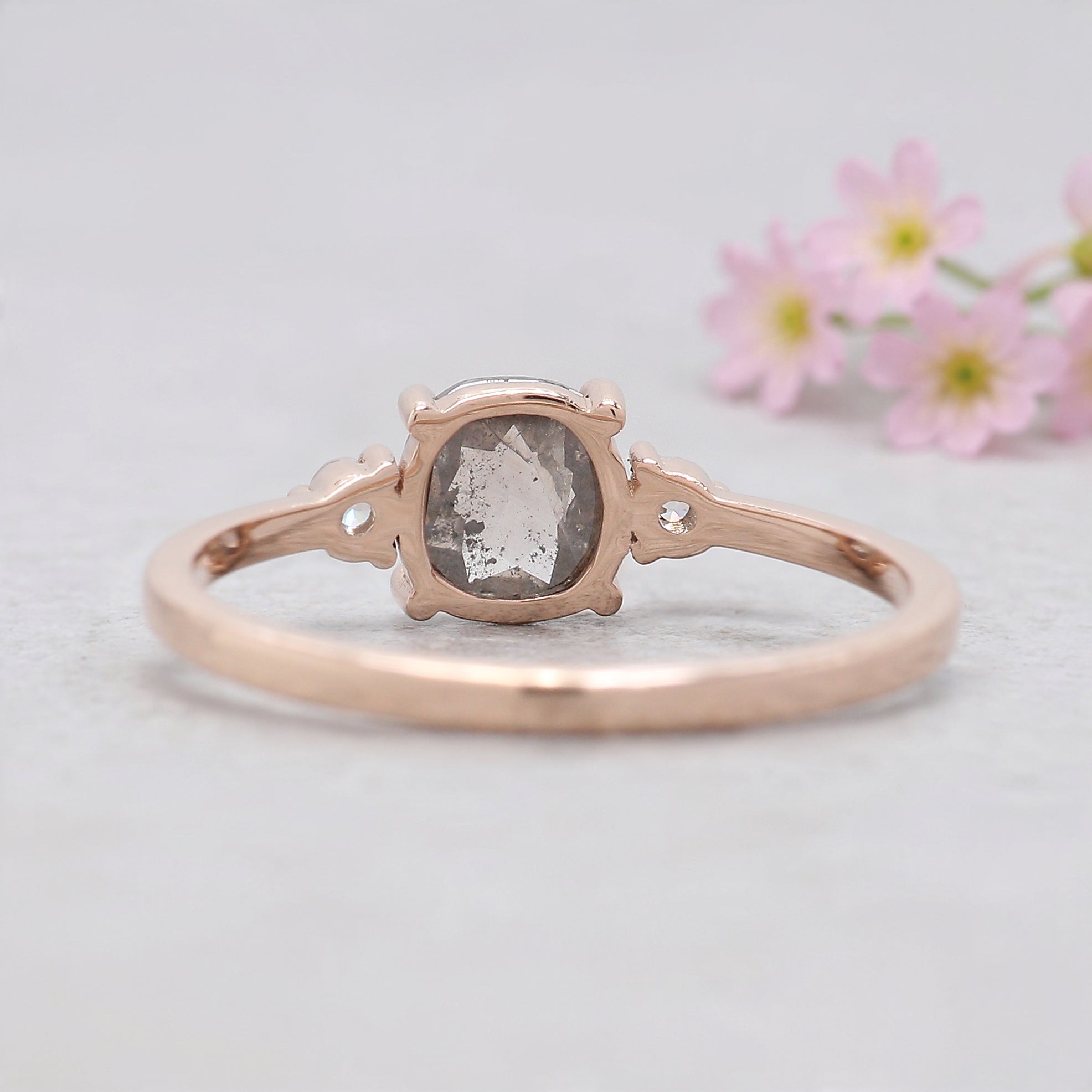 Cushion Cut Salt and Pepper Diamond Ring Natural Diamond Engagement Ring 14K Rose Gold Silver Rustic Unique Bridal Ring Gift for Her KDL533