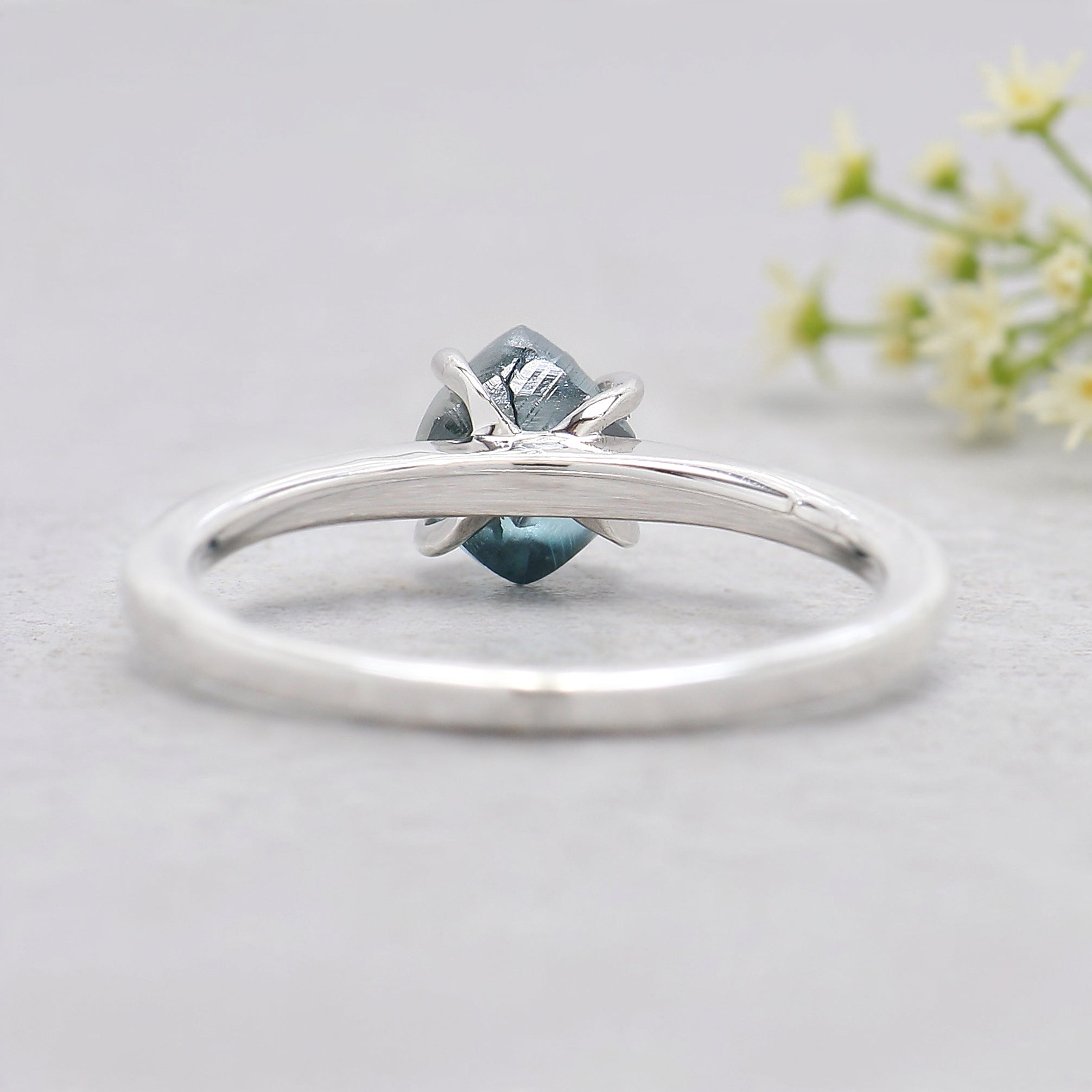 Rough Cut Blue Color Diamond Ring 1.35 Ct 6.40 MM Crystal Rough Diamond Ring 14K Solid White Gold Silver Engagement Ring Gift For Her QL2350