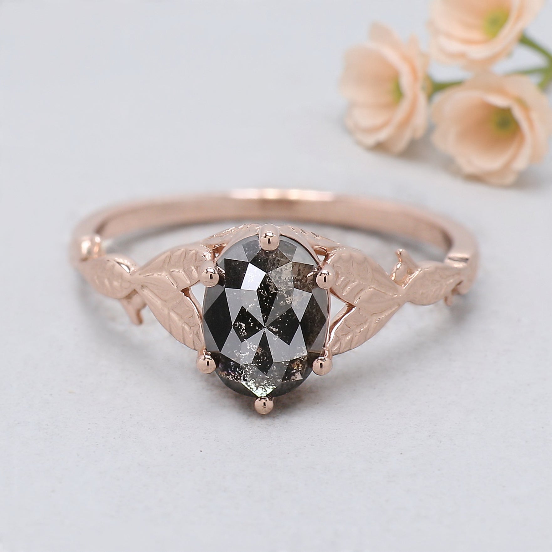 Oval Salt and Pepper Diamond Engagement Ring, 14K Rose Gold Oval Diamond Ring, Rustic Leaf Band, Unique Bridal Ring, Gift for Her KDN1313