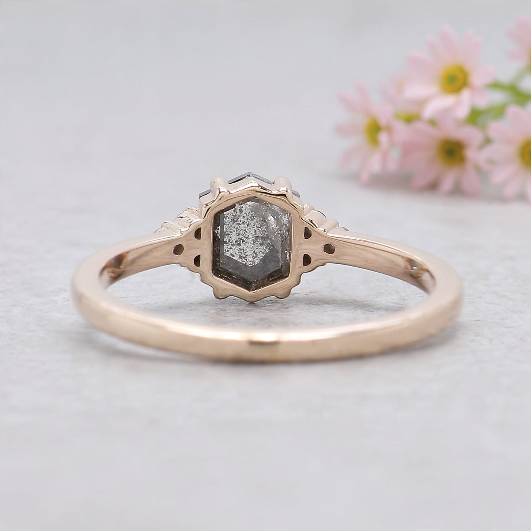 Hexagon Salt and Pepper Diamond Ring, Unique Diamond Engagement Ring, 14K Rose Gold Minimalist Ring, Rustic Bridal Ring, Gift for Her KDL276