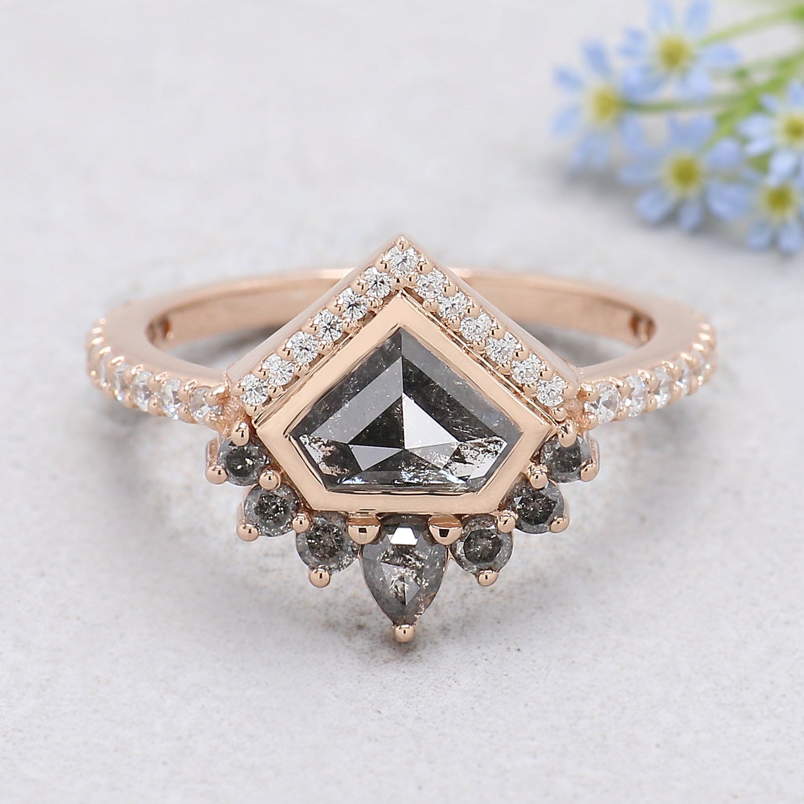 0.90 Ct Natural Shield Shape Salt And Pepper Diamond Ring 5.55 MM Shield Cut Diamond Ring 14K Solid Rose Gold Silver Engagement Ring KDN767