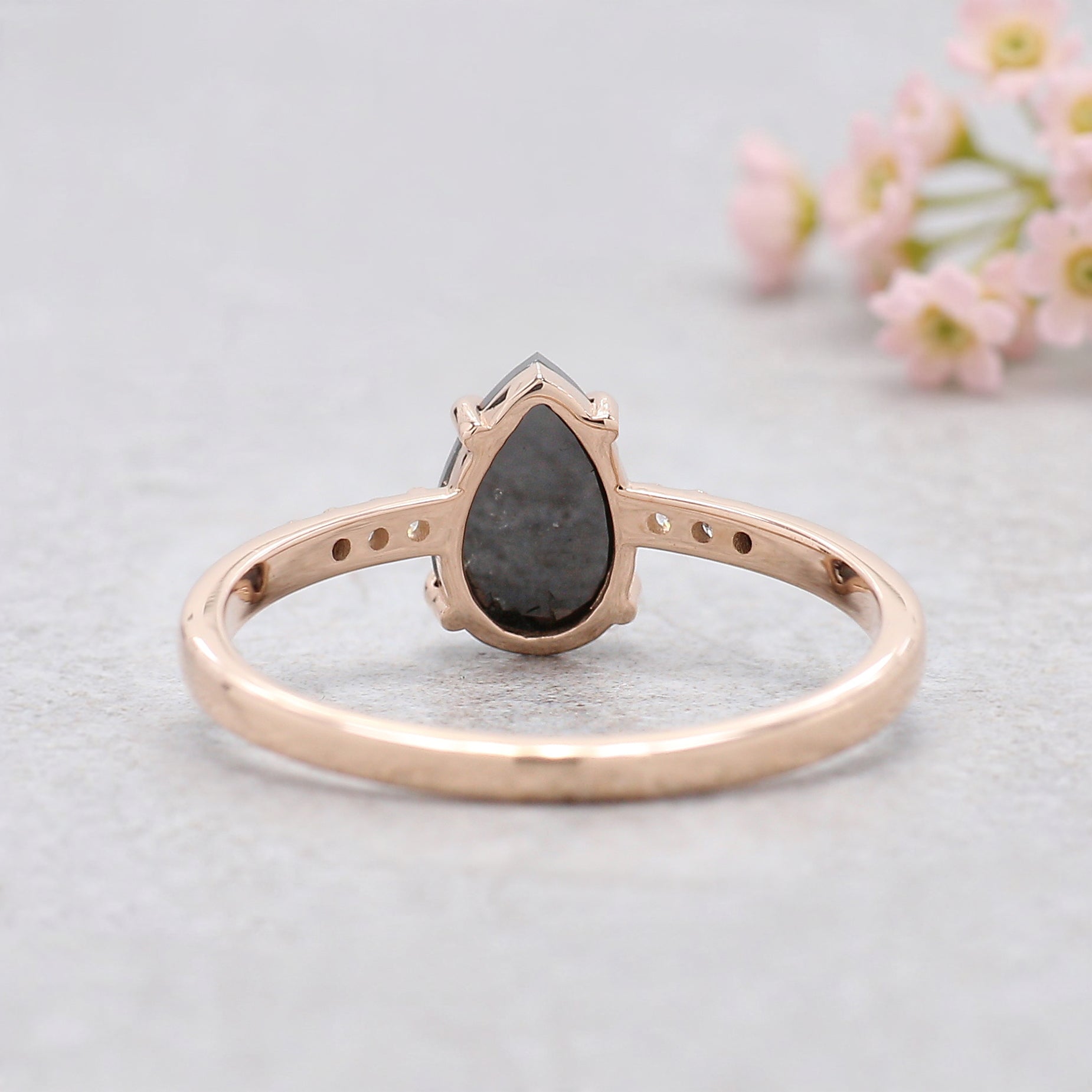 0.89 Ct Pear Shape Black Color Diamond Ring 7.65 MM Pear Cut Diamond Ring 14K Solid Rose Gold Silver Engagement Ring Gift For Her KDN1754