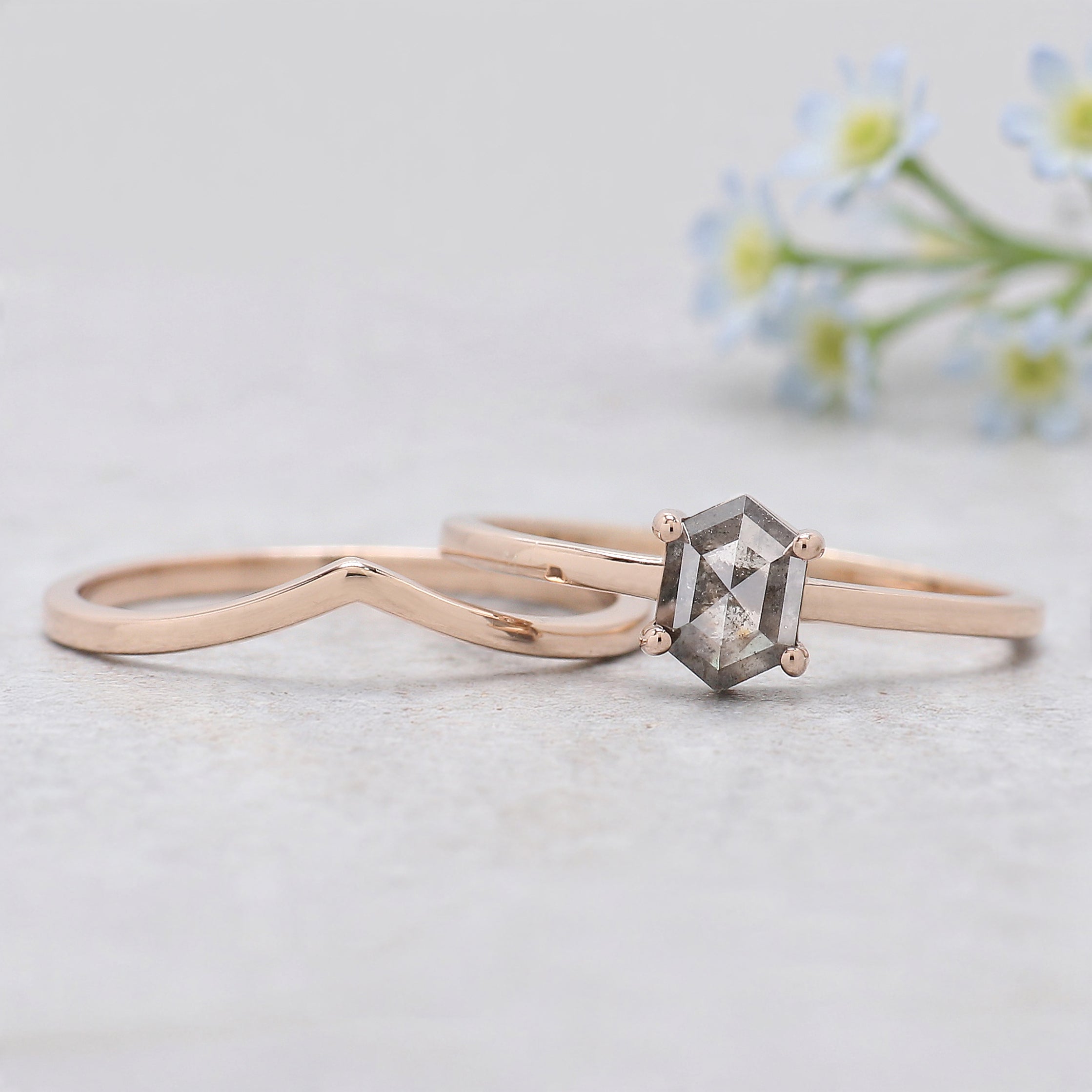 0.74 Ct Natural Hexagon Salt And Pepper Diamond Ring 6.05 MM Hexagon Cut Diamond Ring 14K Solid Rose Gold Silver Engagement Ring Set KDN585
