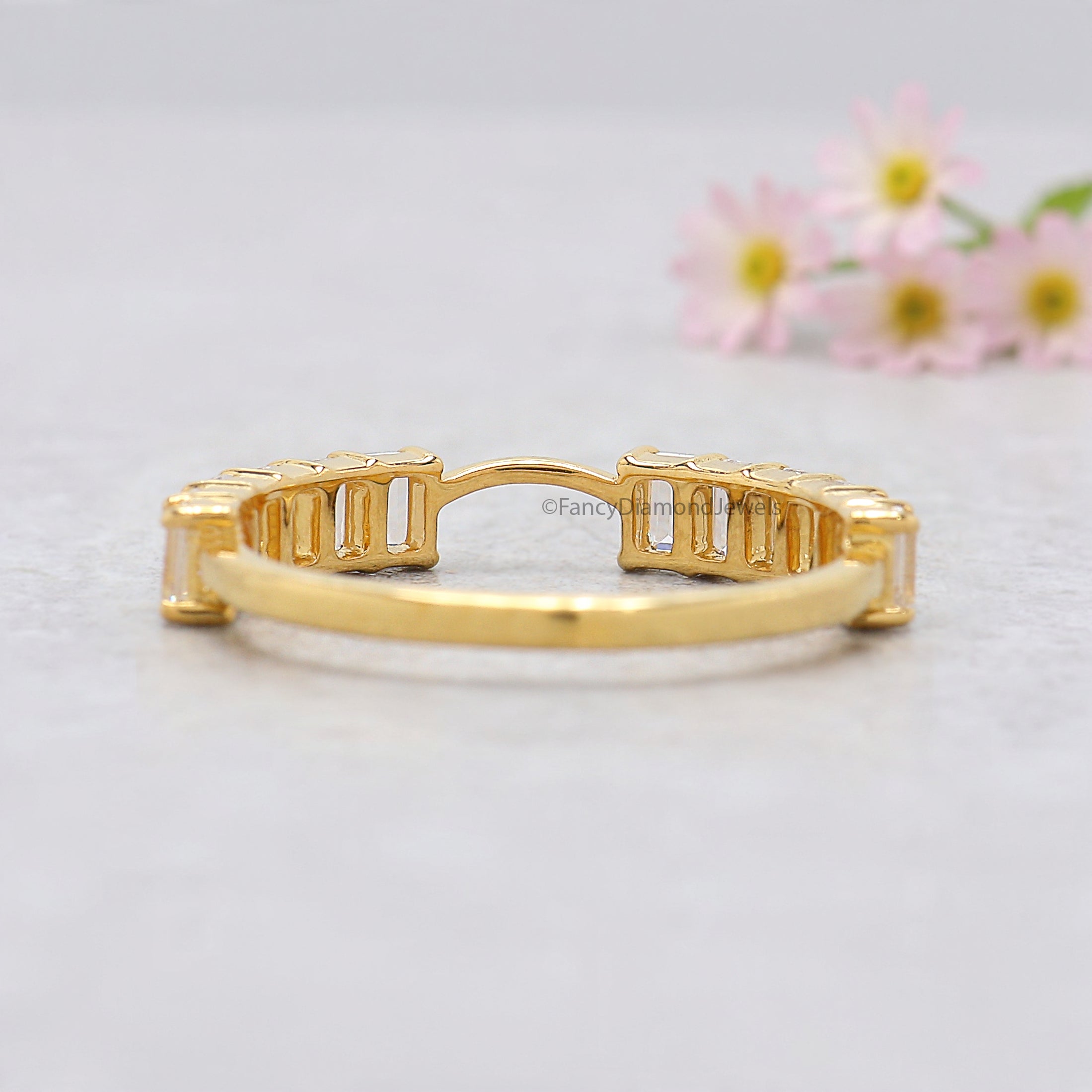Emerald Cut Wedding Band Yellow Gold Unique Half Eternity Anniversary Wedding Band Vintage Notched Stacking Matching Gift For Her FD528