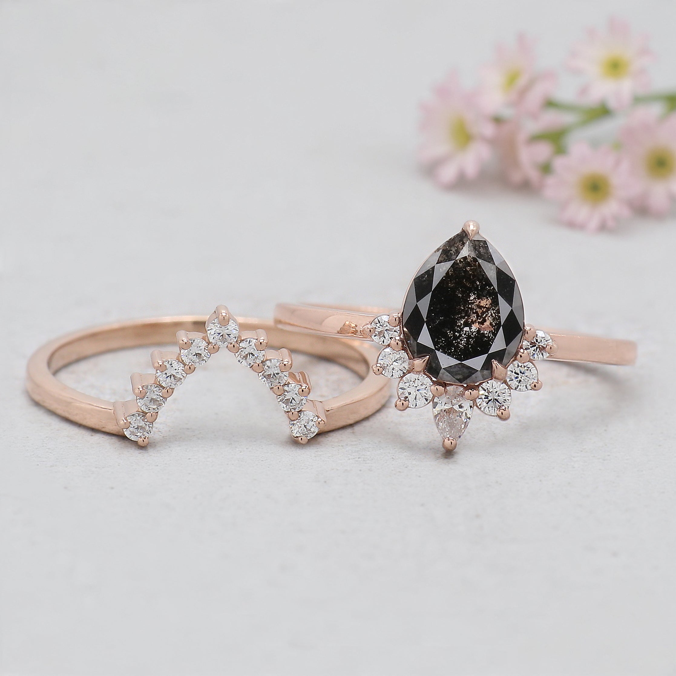 Pear Cut Salt And Pepper Diamond Ring 1.02 Ct 7.95 MM Pear Diamond Ring 14K Rose Gold Silver Pear Engagement Ring Set Gift For Her KDL3002